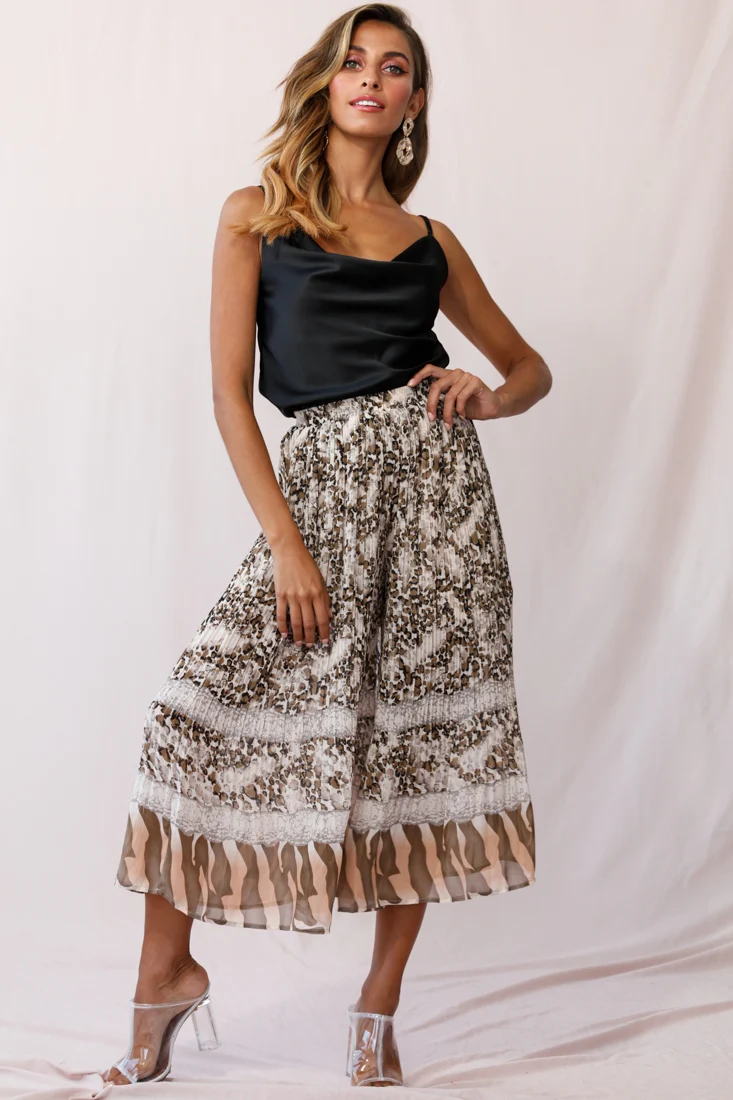 Gemini Accordion Pleat Wide Leg Pants Brown Leopard - Ruaus