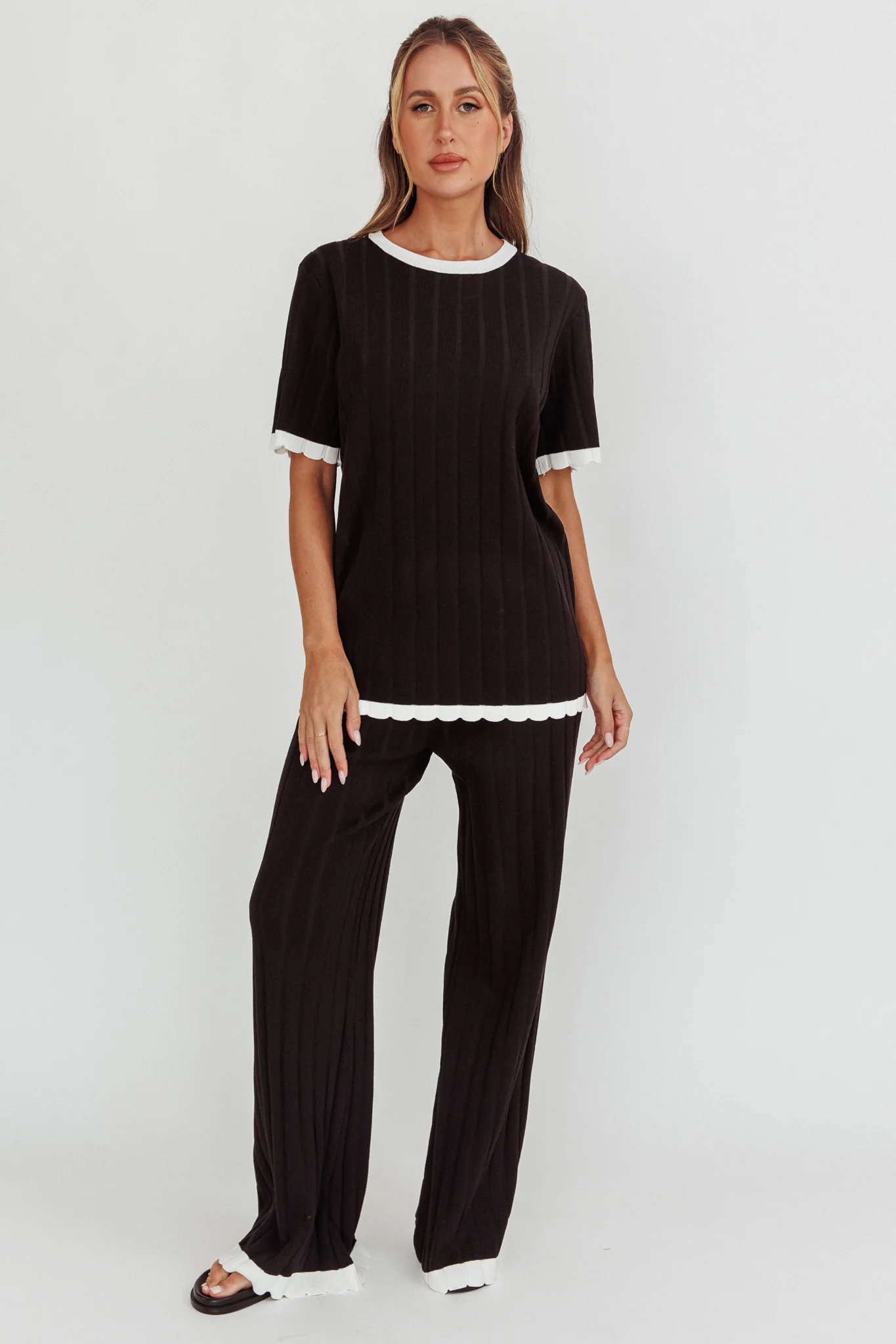 Liloh Contrast Trim Ribbed Knit Pants Black - Ruaus