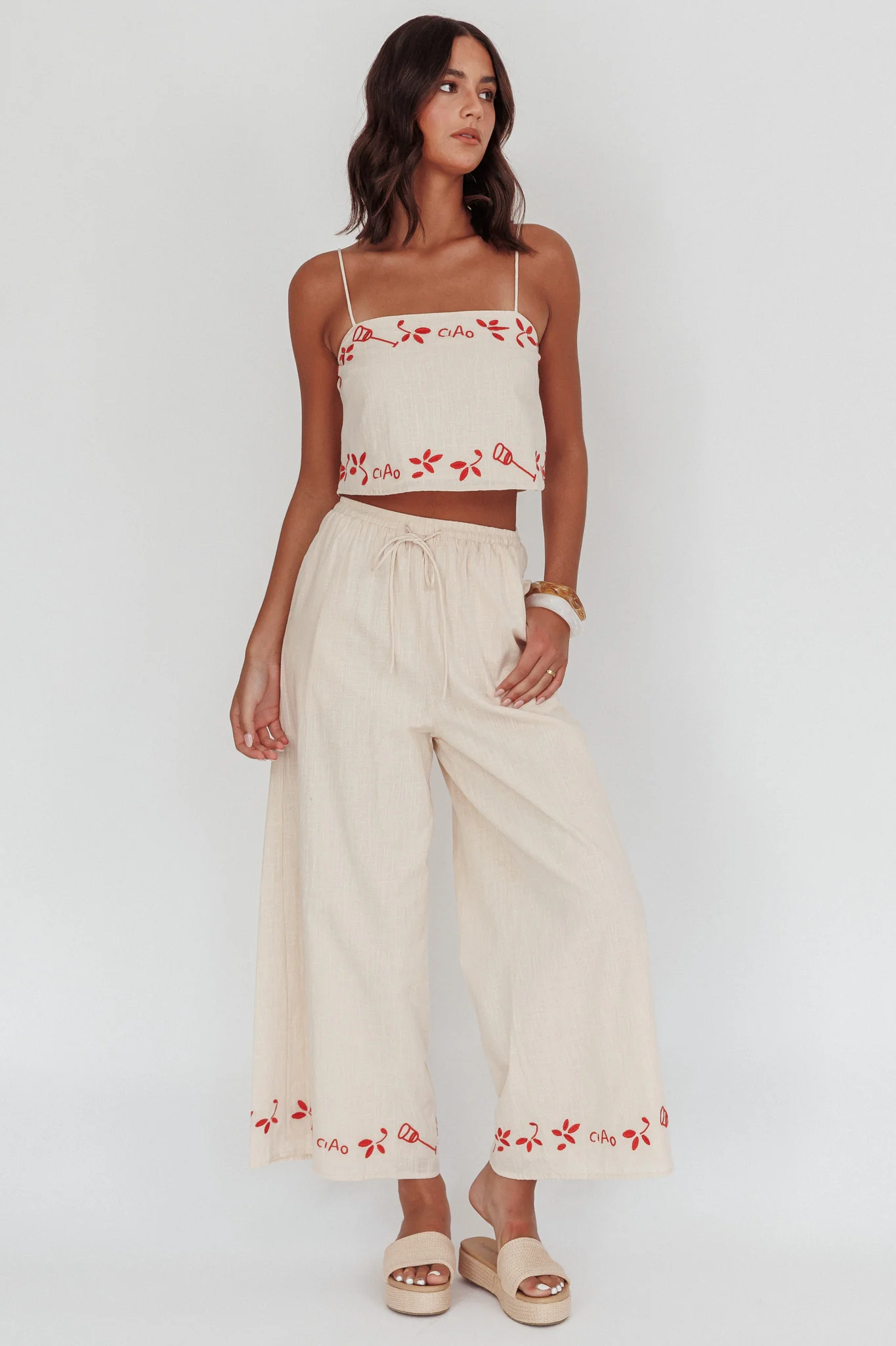 Sorrento Summer Embroidered Wide-Leg Pants Oat - Ruaus