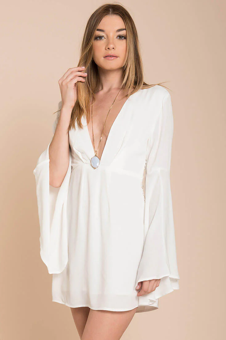Carmen Bell Sleeve Dress White - Ruaus