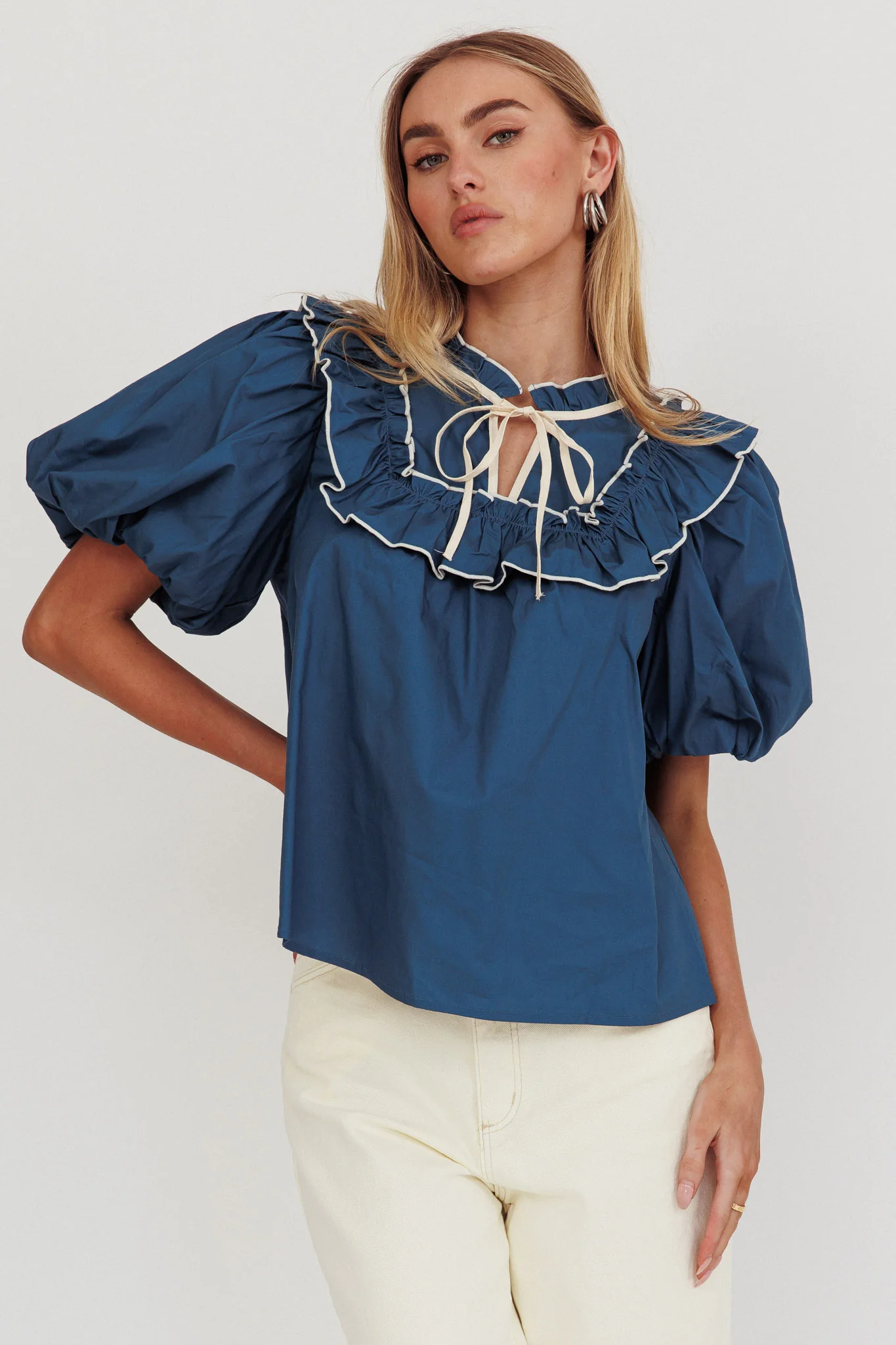 Remarkable Puff Sleeve Tied Neck Top Teal - Ruaus