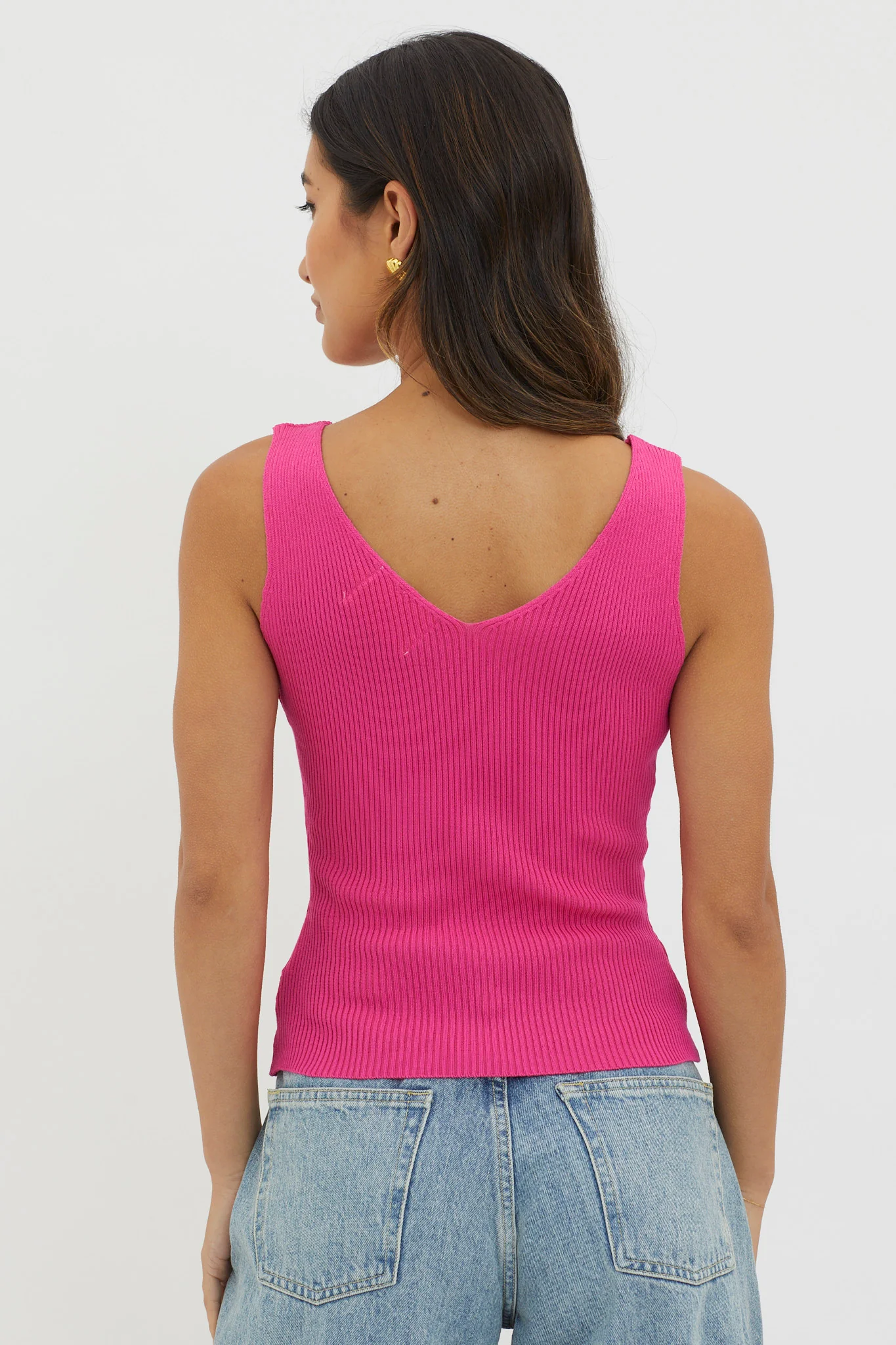 Off-Duty V-Neck Ribbed Knit Top Hot Pink - Ruaus