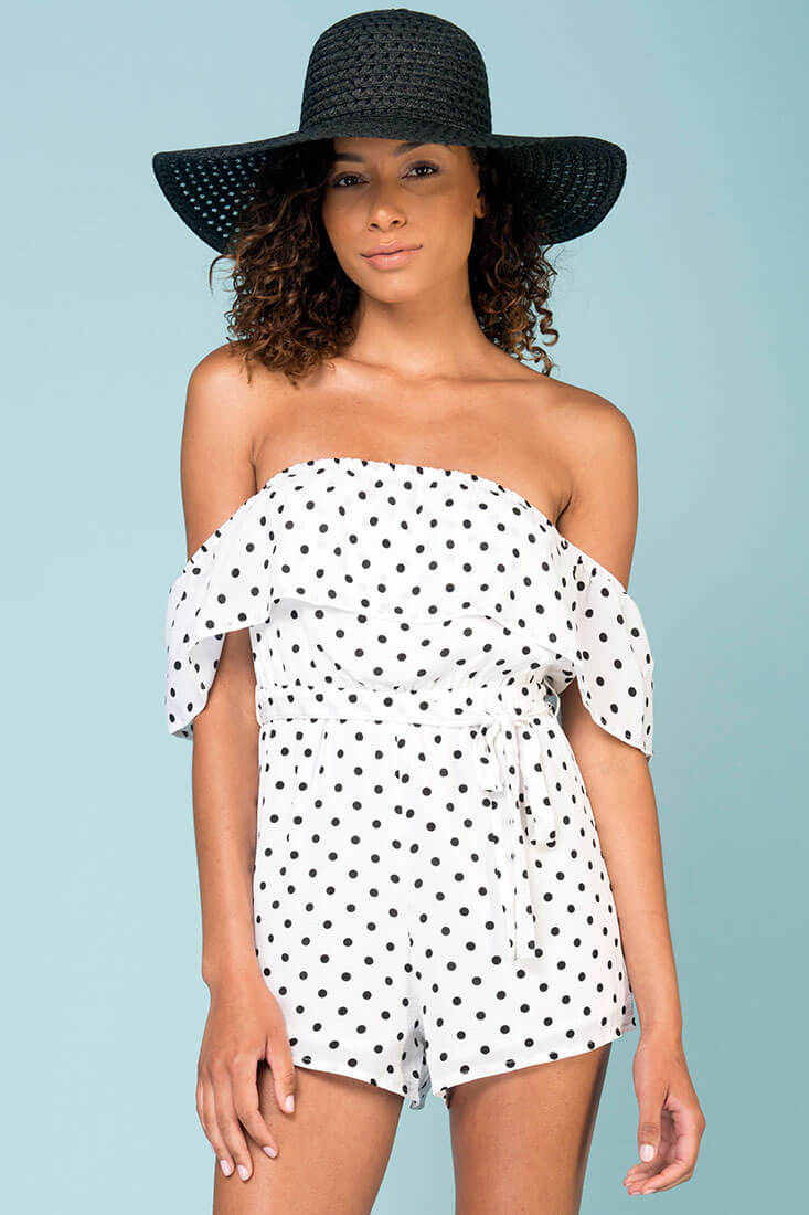 Wynter Casual Romper White With Black Polka Dots - Ruaus