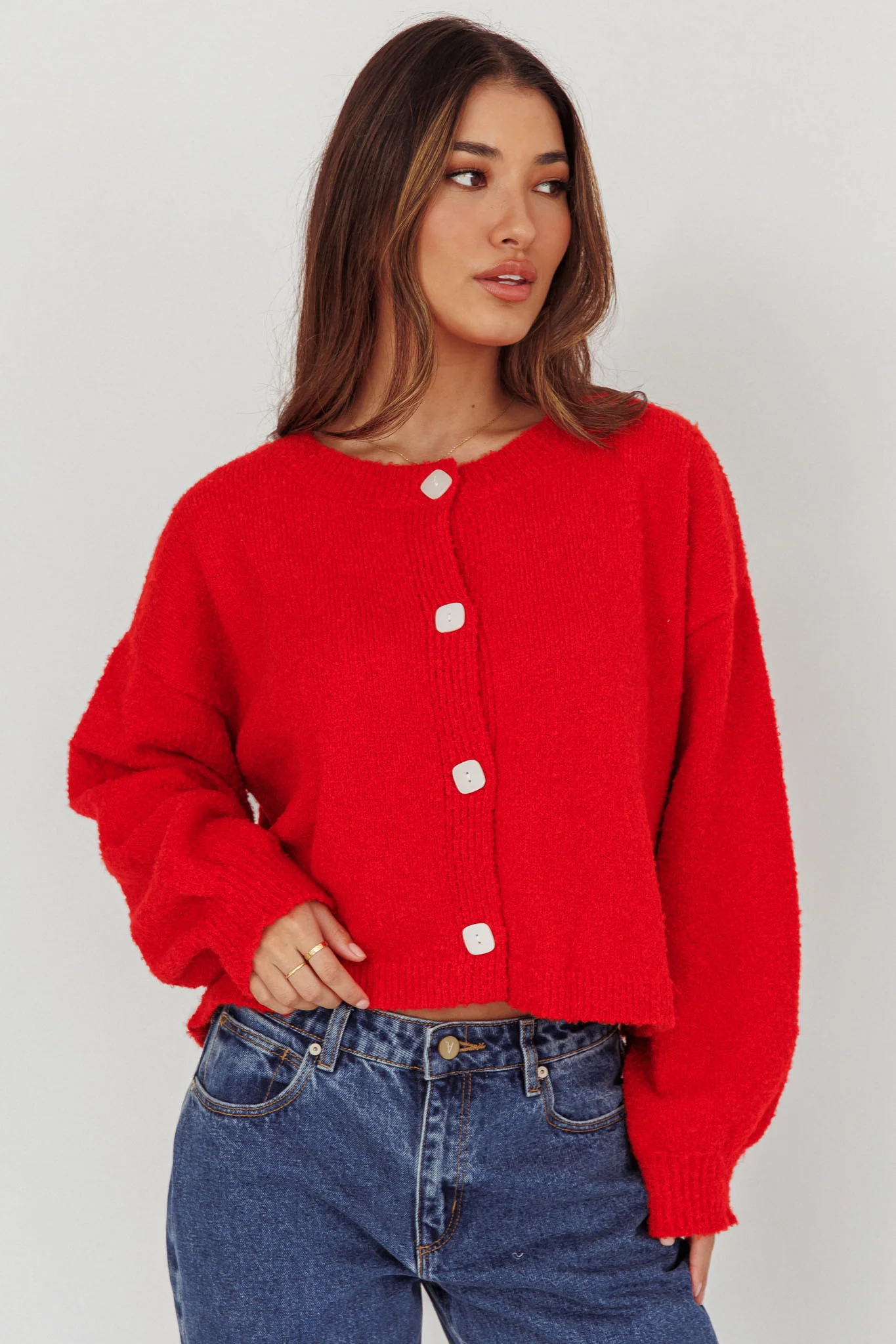 Taking Notes Button Front Cardigan Red - Ruaus