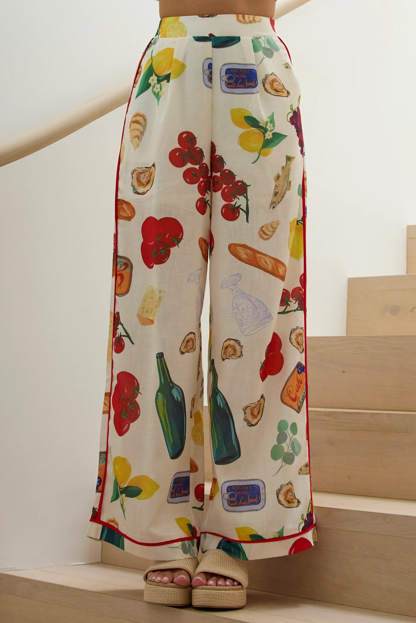 Canyons Piping Trim Wide Leg Pants Print Beige - Ruaus