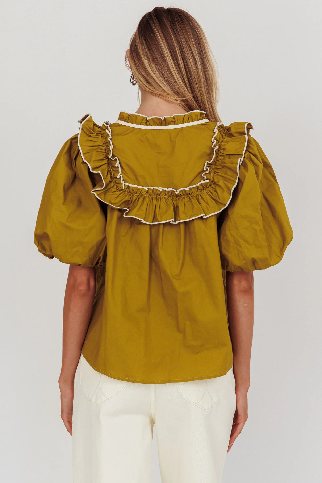 Remarkable Puff Sleeve Tied Neck Top Olive - Ruaus