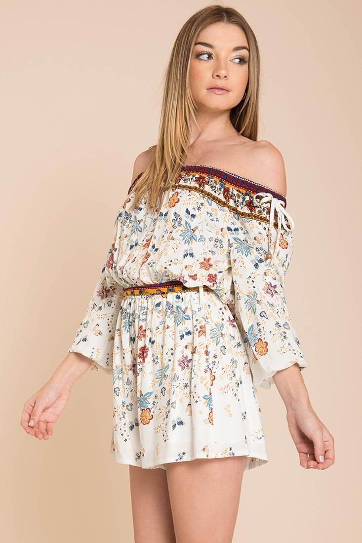 Kiley Floral Romper White / Brown - Ruaus
