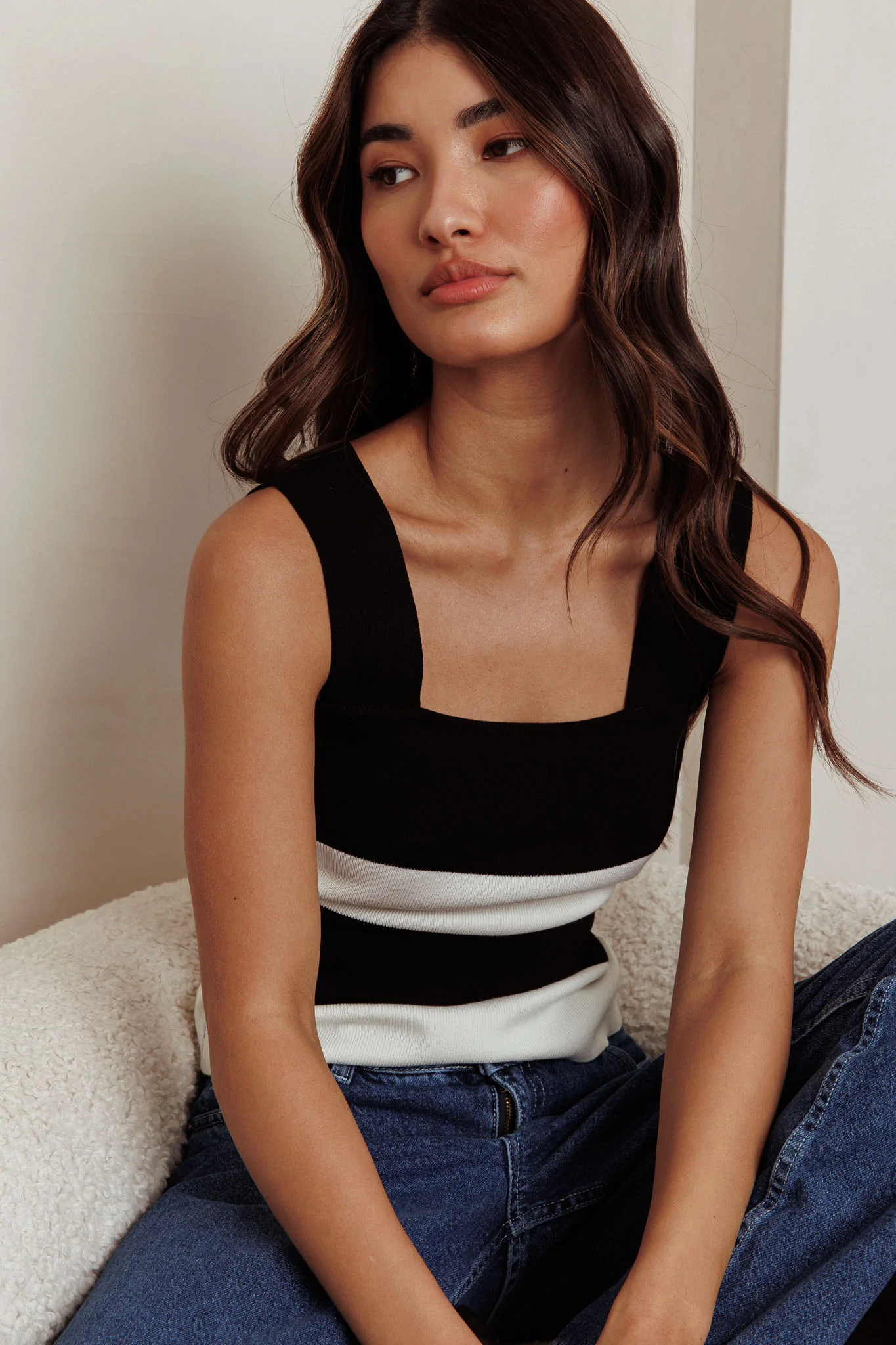 Lisa Striped Knit Tank Top Black White - Ruaus