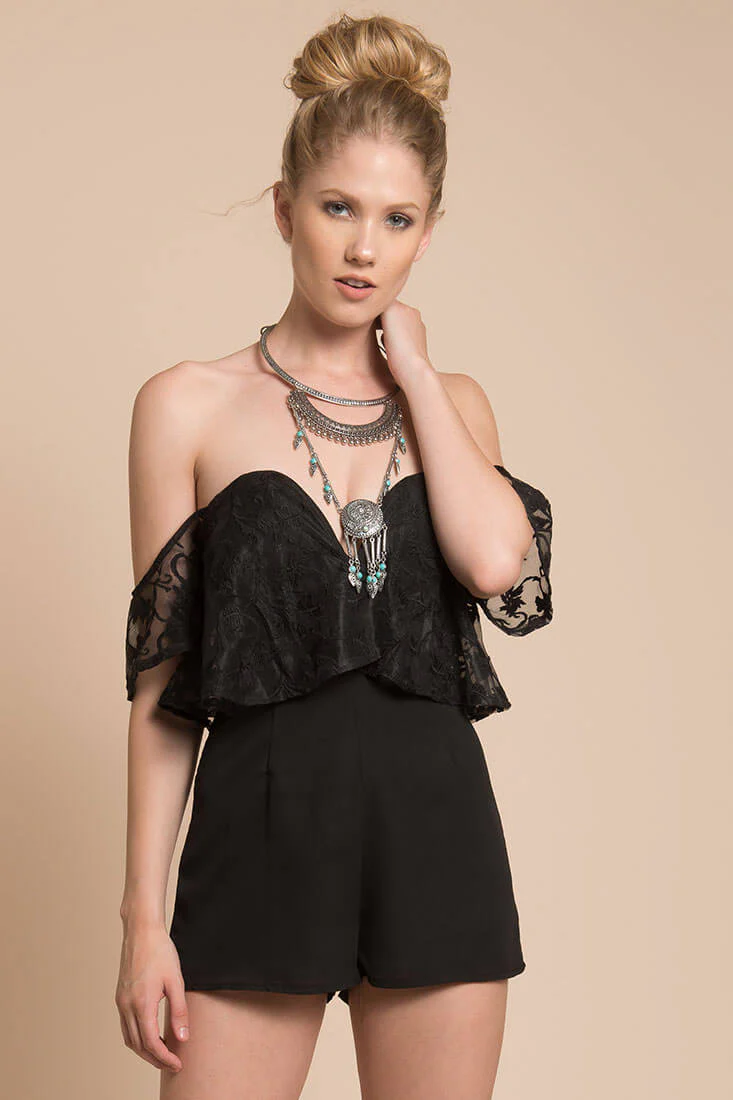 Adeline Lace Open Back Club Party Romper Black - Ruaus