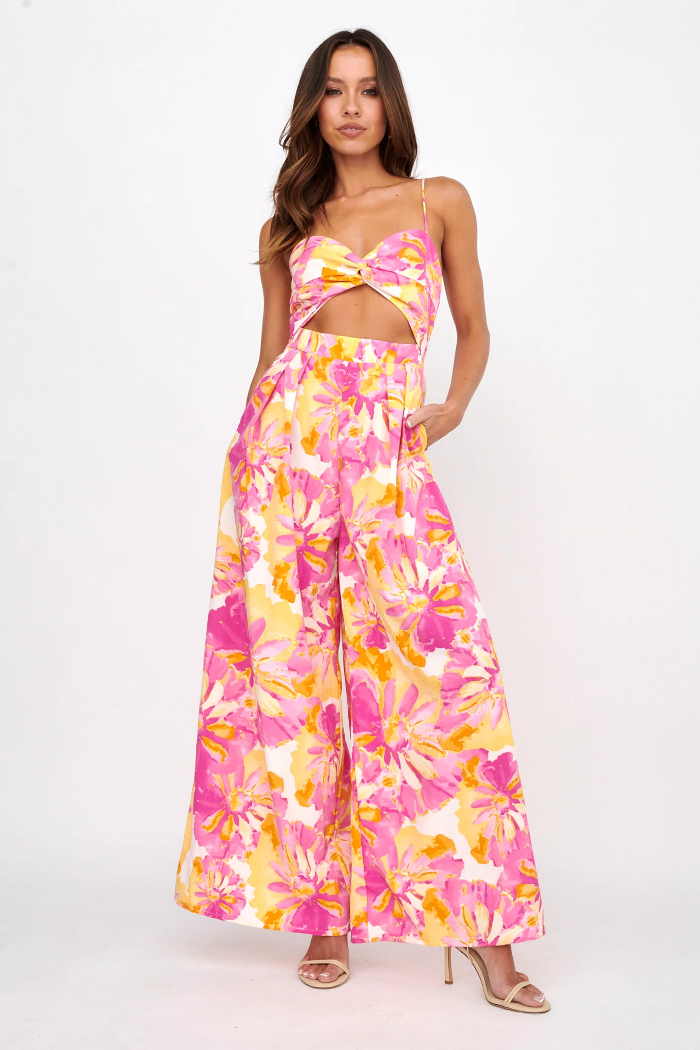 Tammi Cut-Out Waist Jumpsuit Floral Blush - Ruaus