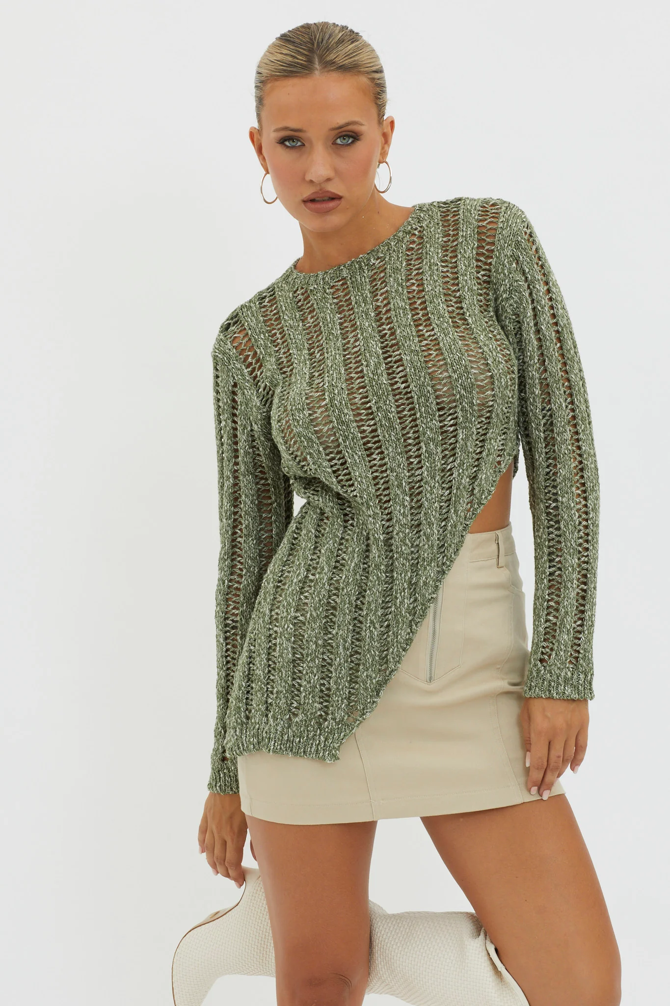 Evergreen Asymmetrical Hem Ribbed Knit Top Olive - Ruaus