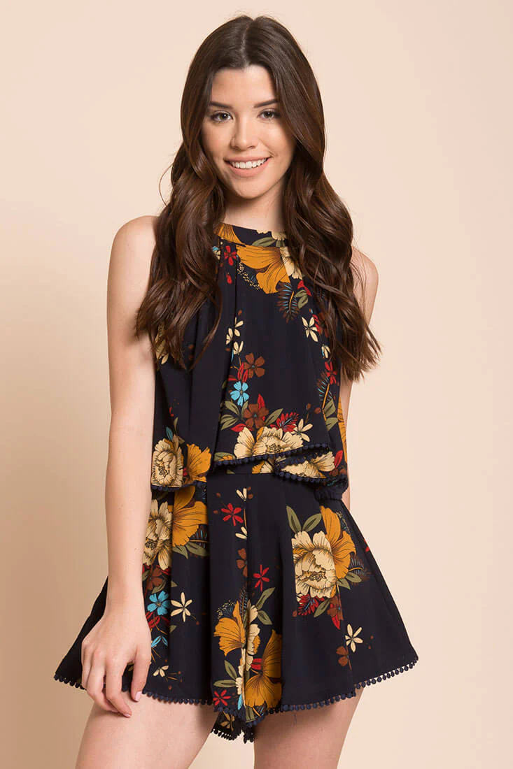 Alianna Floral Halter Romper Navy - Ruaus