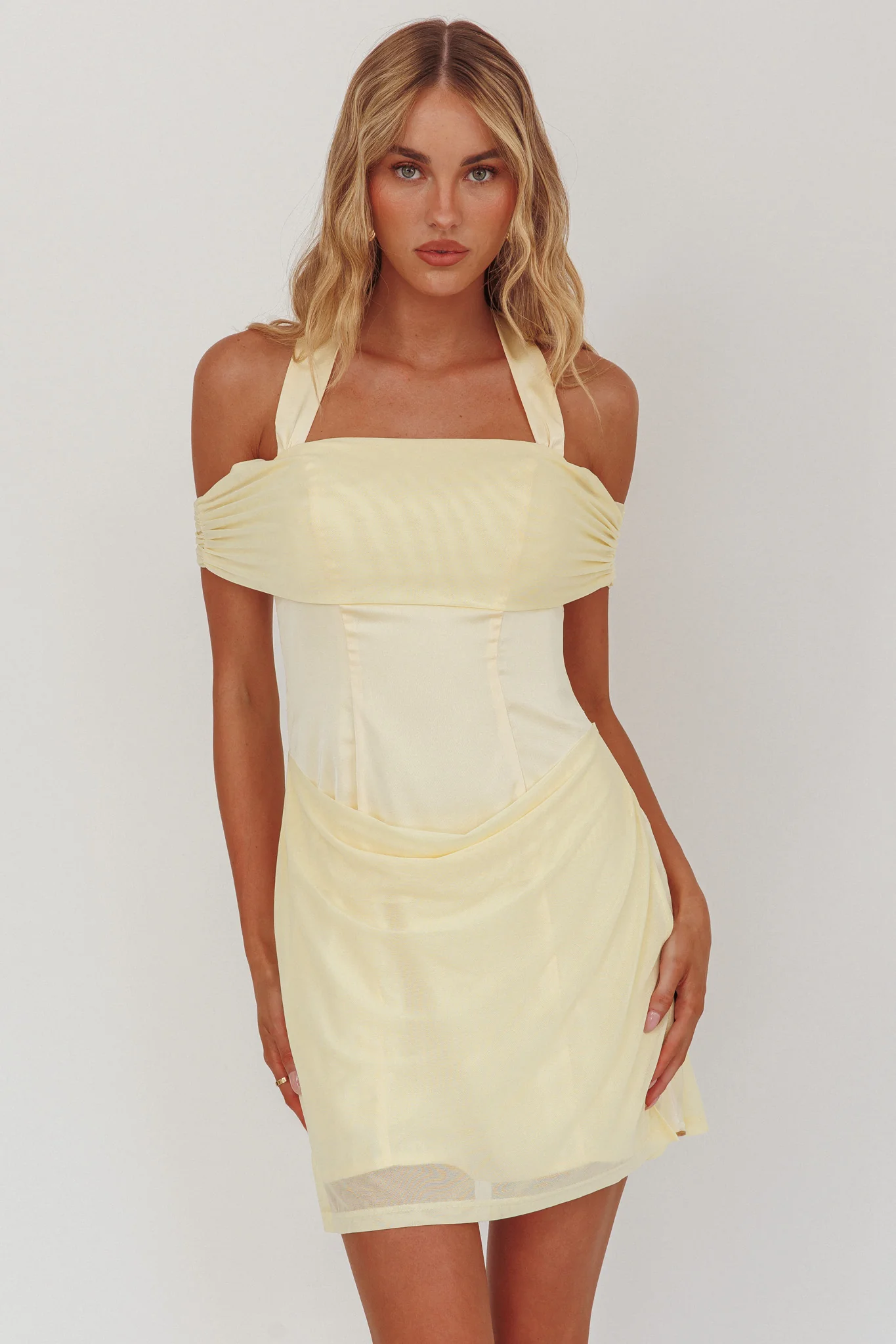 Matias Off-Shoulder Sleeve Halter Mini Dress Butter - Ruaus