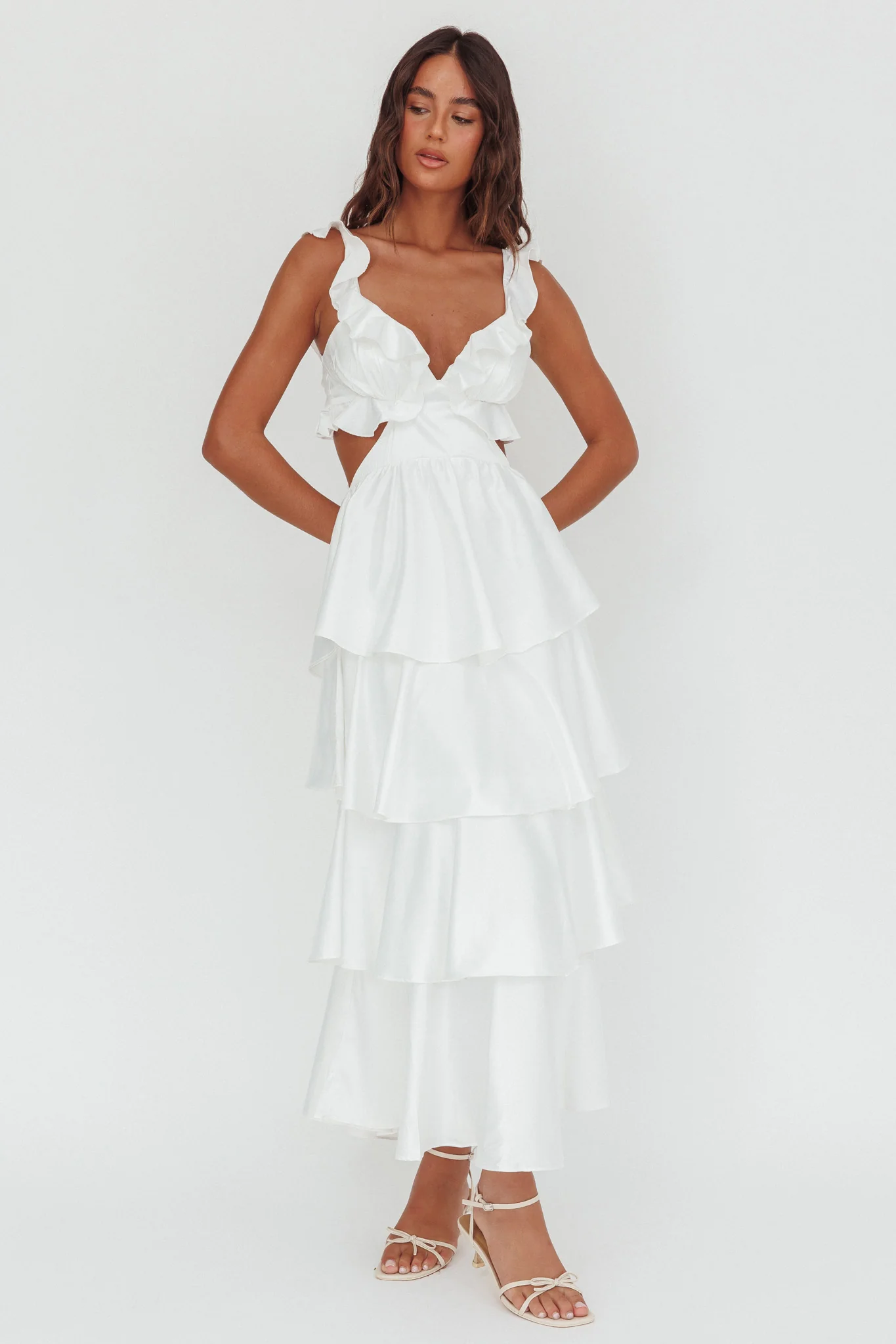 Catalina Tiered Ruffle Cut-Out Maxi Dress White - Ruaus