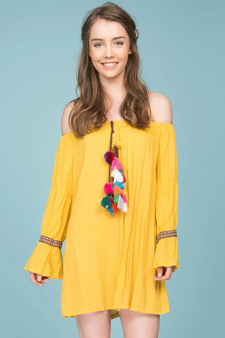 Jaelyn Tube Top Tassel Dress Yellow Mustard - Ruaus