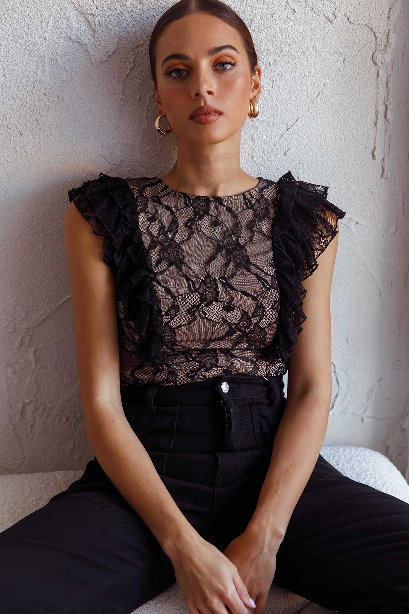 Spring Fling Frill Trim Lace Bodysuit Black - Ruaus