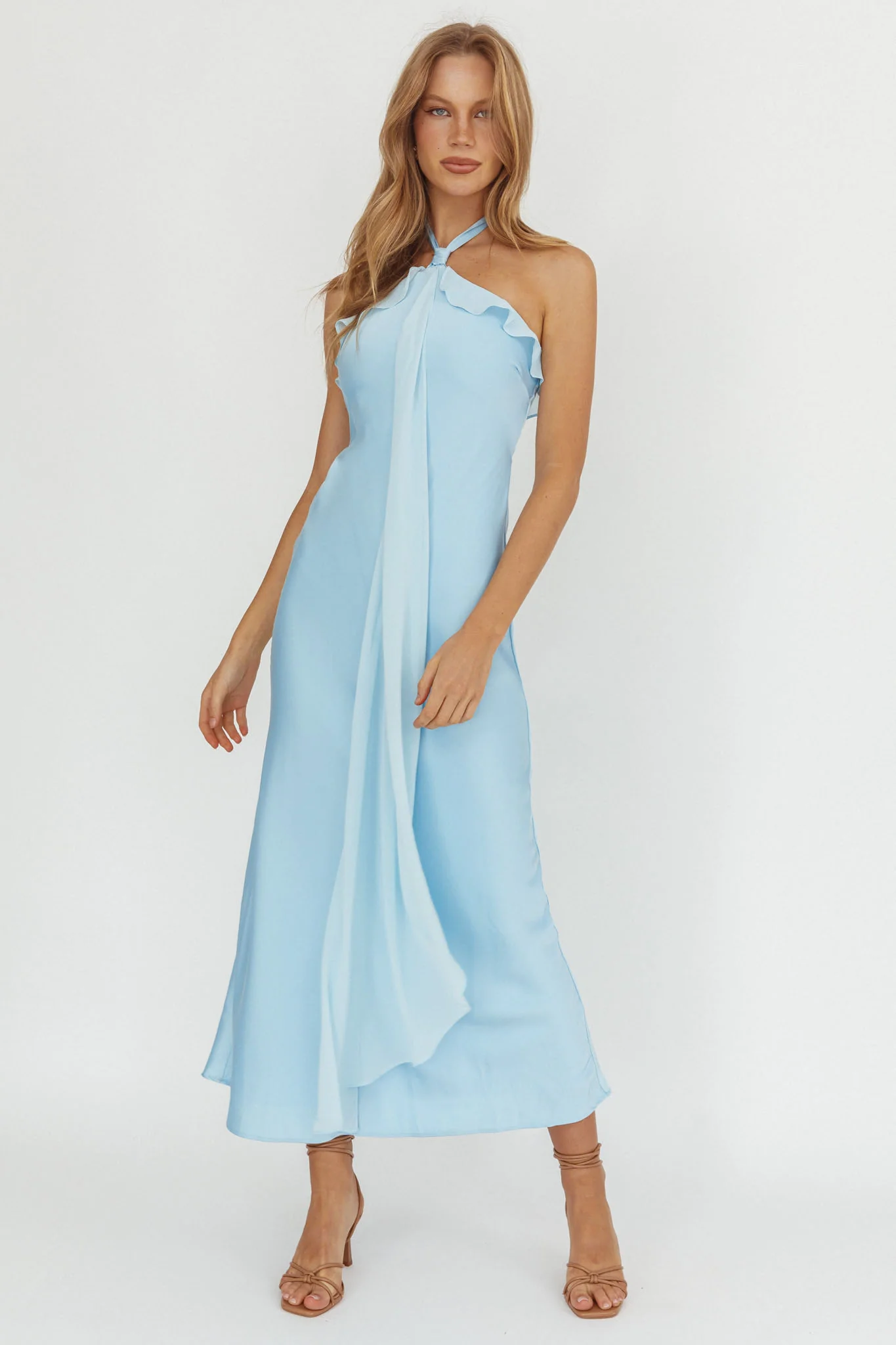 Starlet Halterneck Sash Maxi Dress Baby Blue - Ruaus
