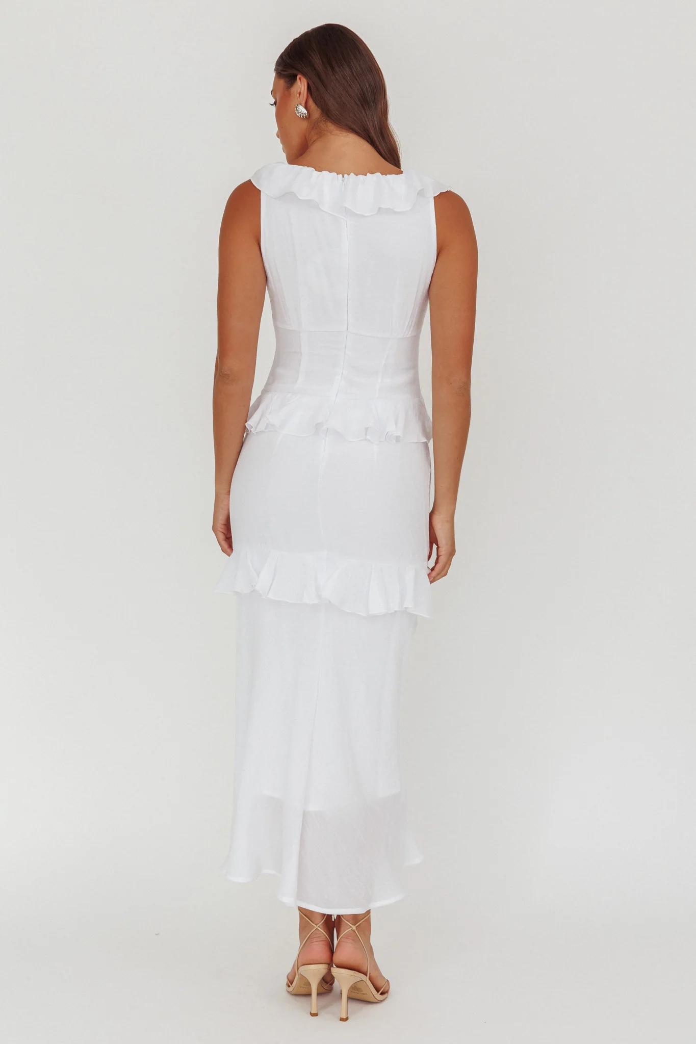 Arrabel Ruffle Trim Bust Tie Maxi Dress White - Ruaus