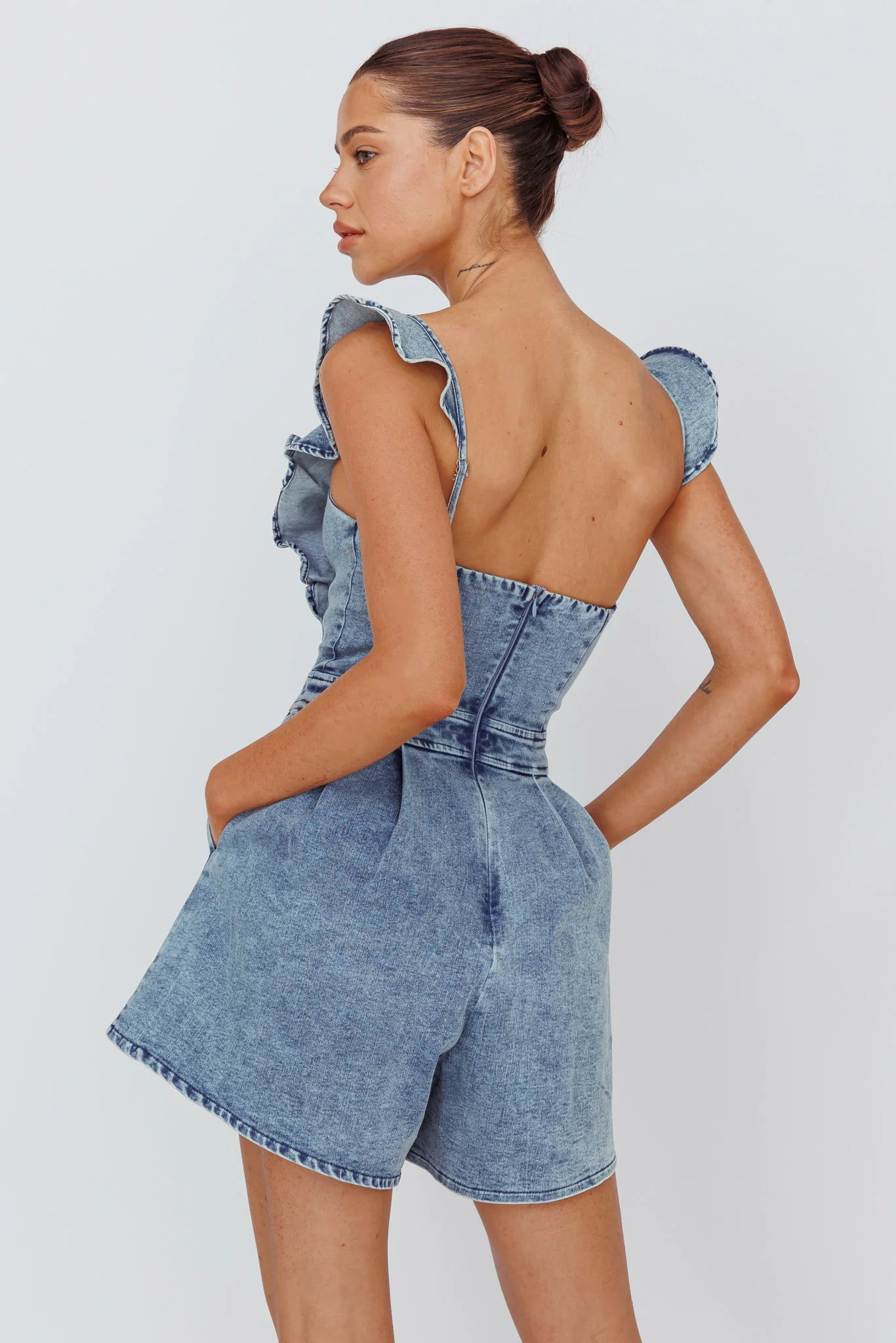 Nola Flared Ruffle Romper Denim - Ruaus