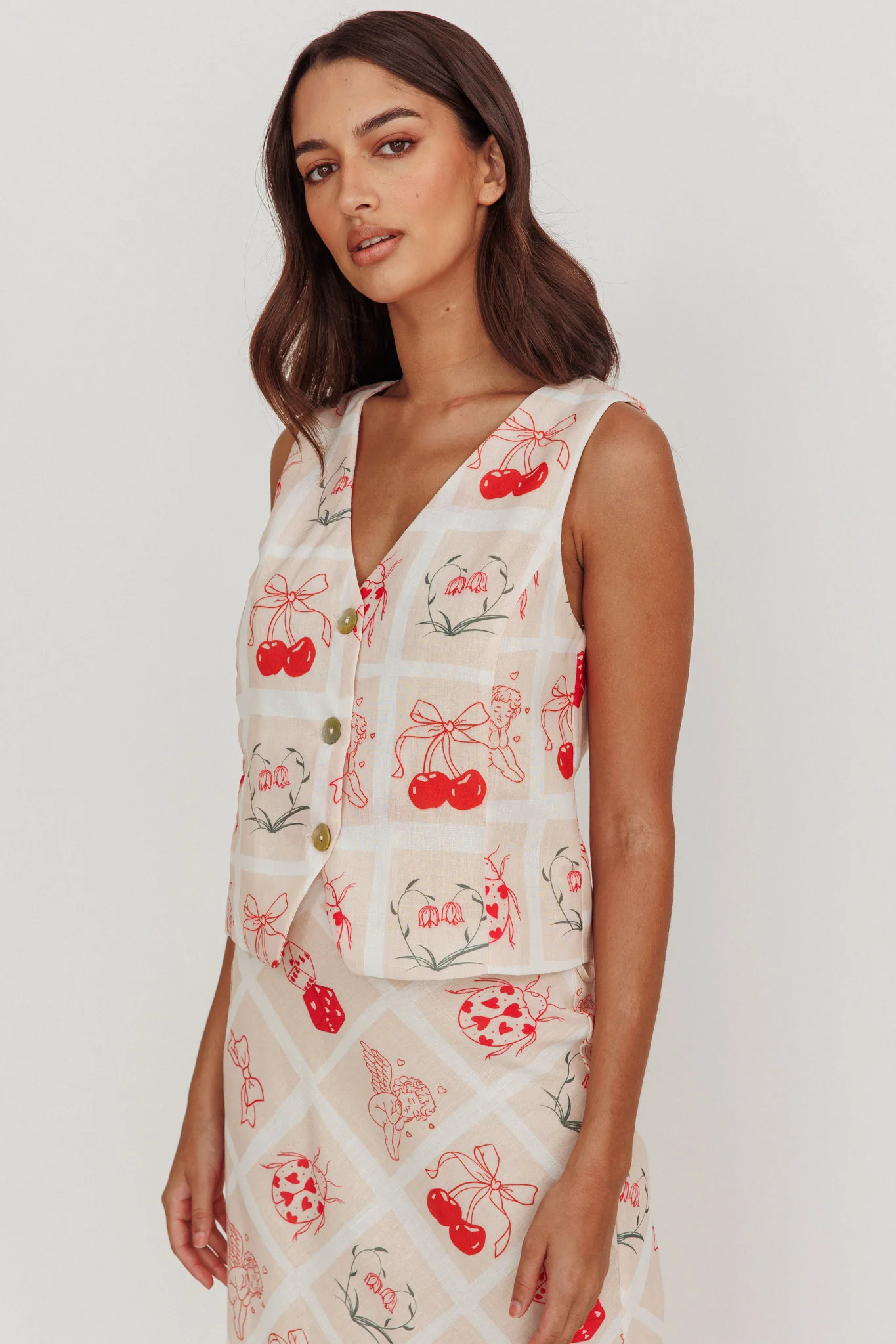 Flowering Romantic Print Sleeveless Vest Beige - Ruaus