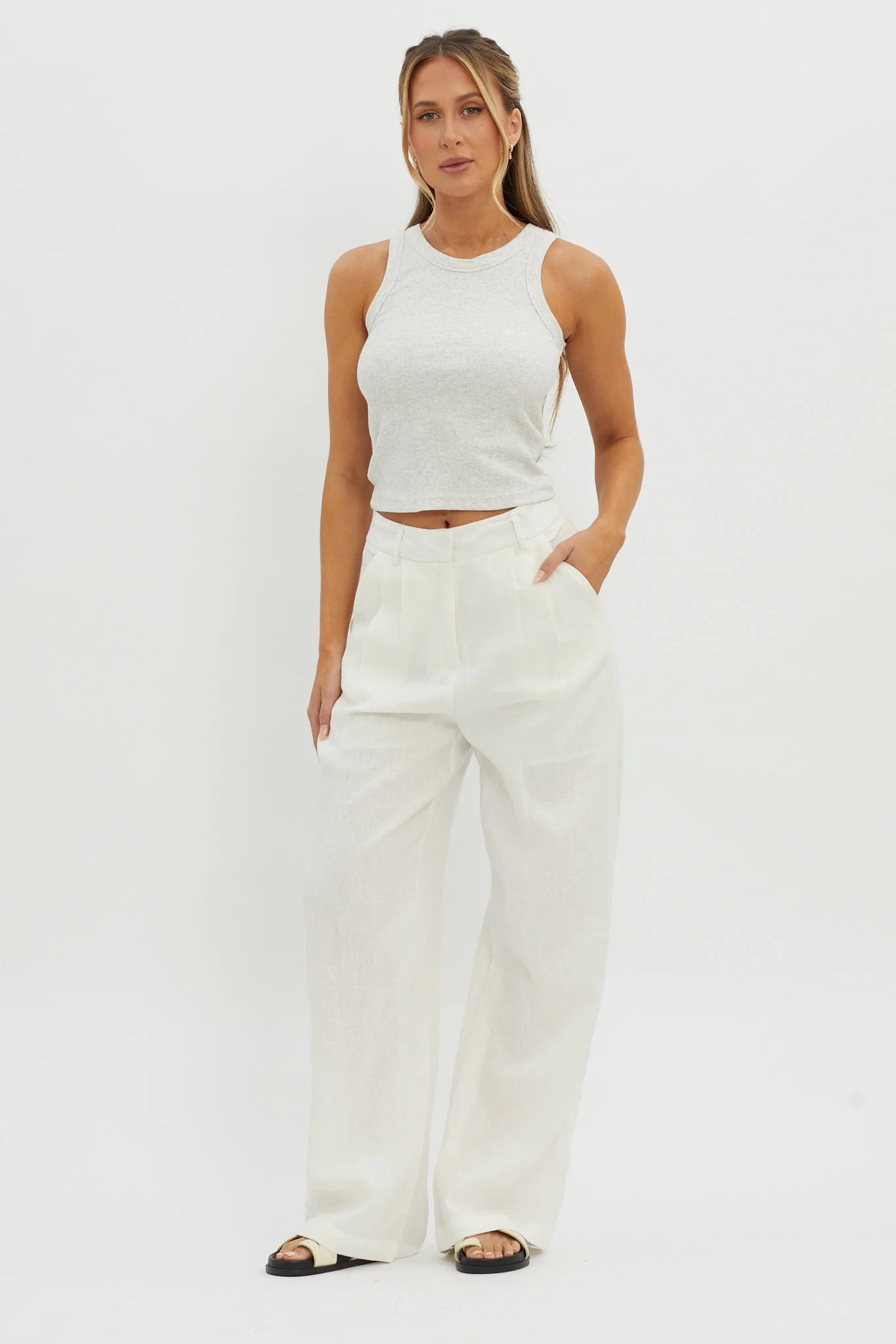 Dodie Straight Leg Trouser Pants Linen White - Ruaus