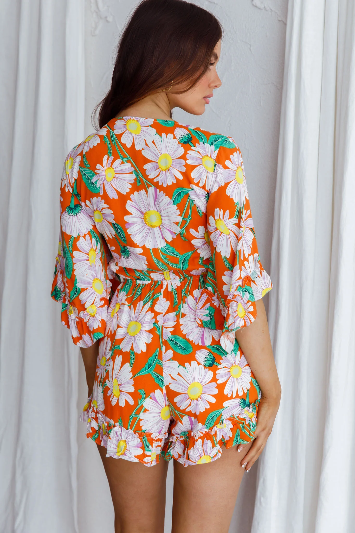 Athira Tied Bust Flared Sleeve Romper Daisy Orange - Ruaus