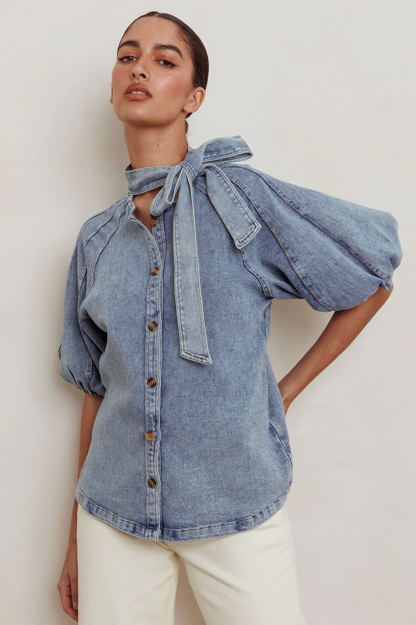Notice Me Puff Sleeve Neck Bow Top Denim Blue - Ruaus