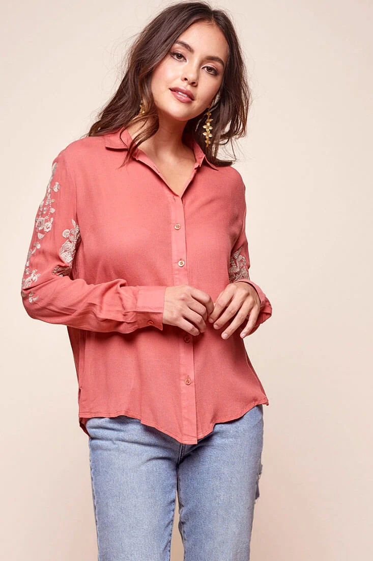 Issa Floral Sleeved Button Up Top Rust - Ruaus