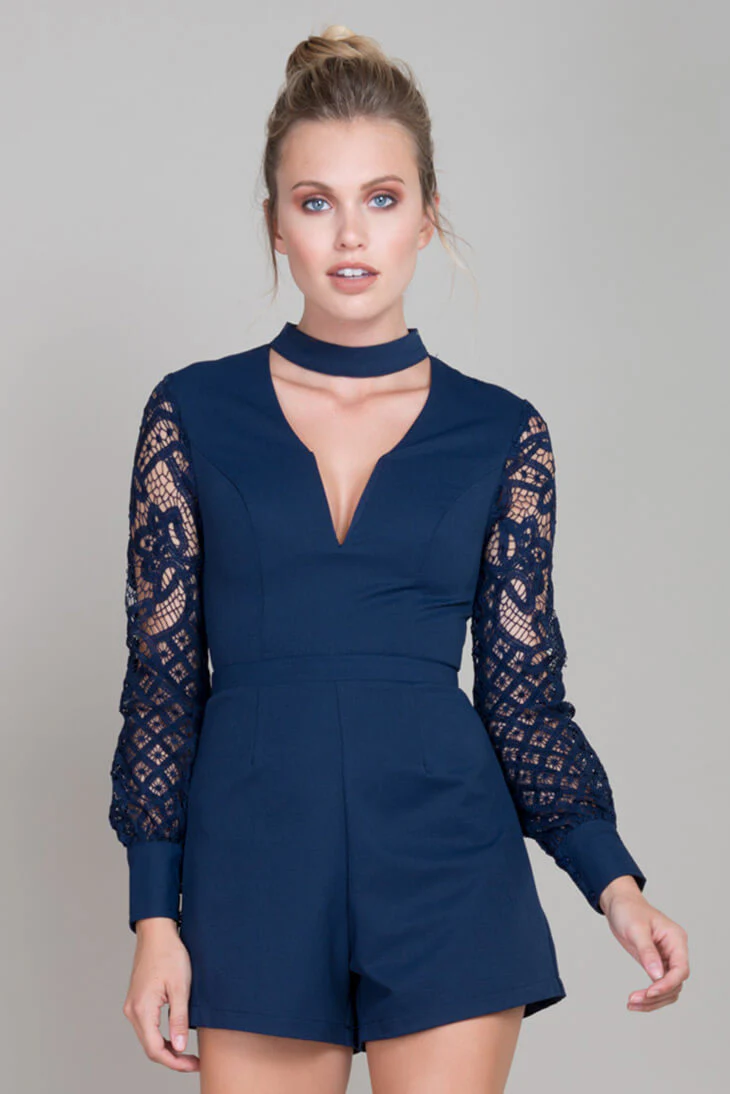 Vana Lacey Choker Romper Navy - Ruaus