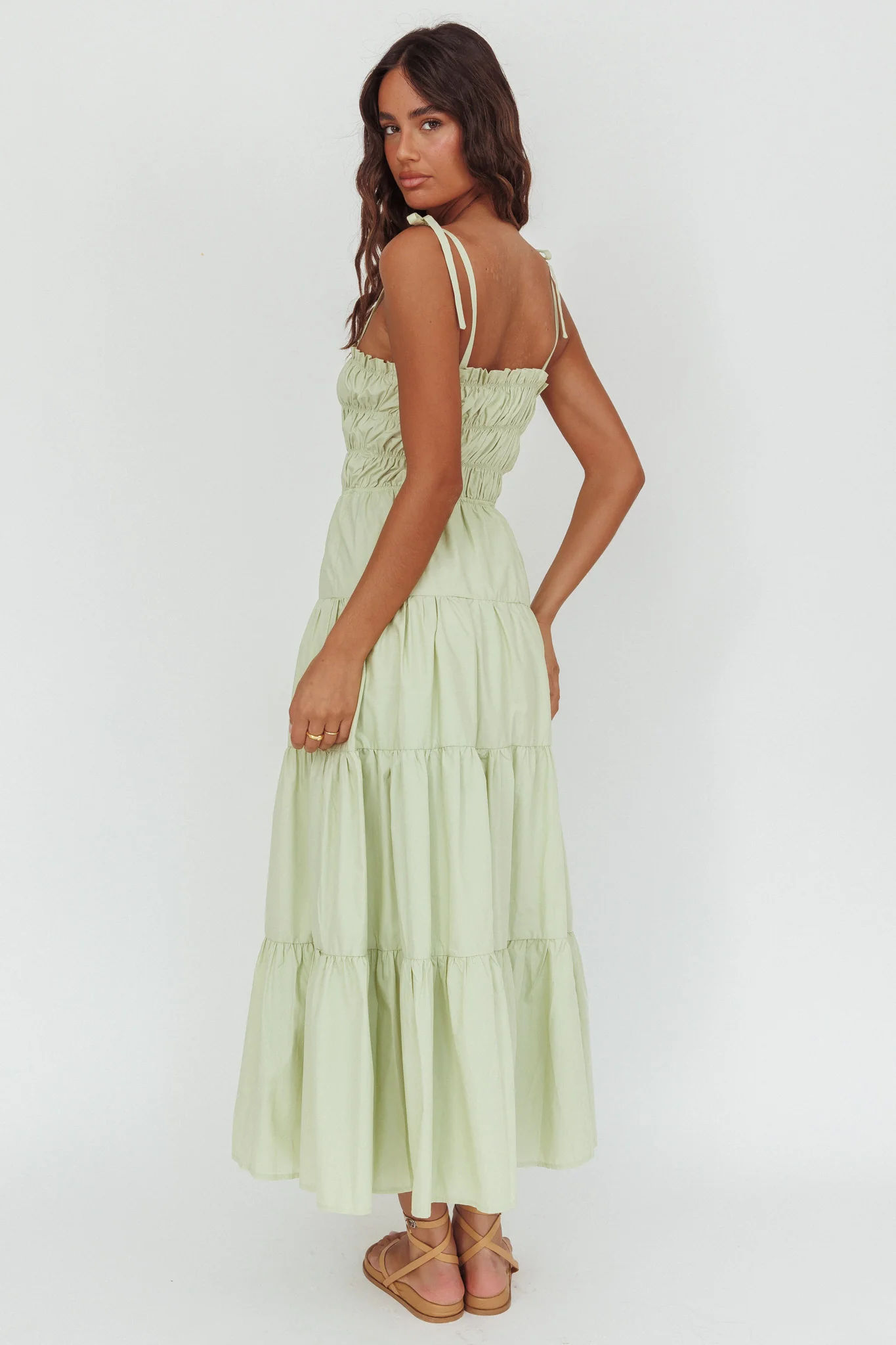 Anderson Tied Shoulder Smocked Bodice Maxi Dress Sage - Ruaus