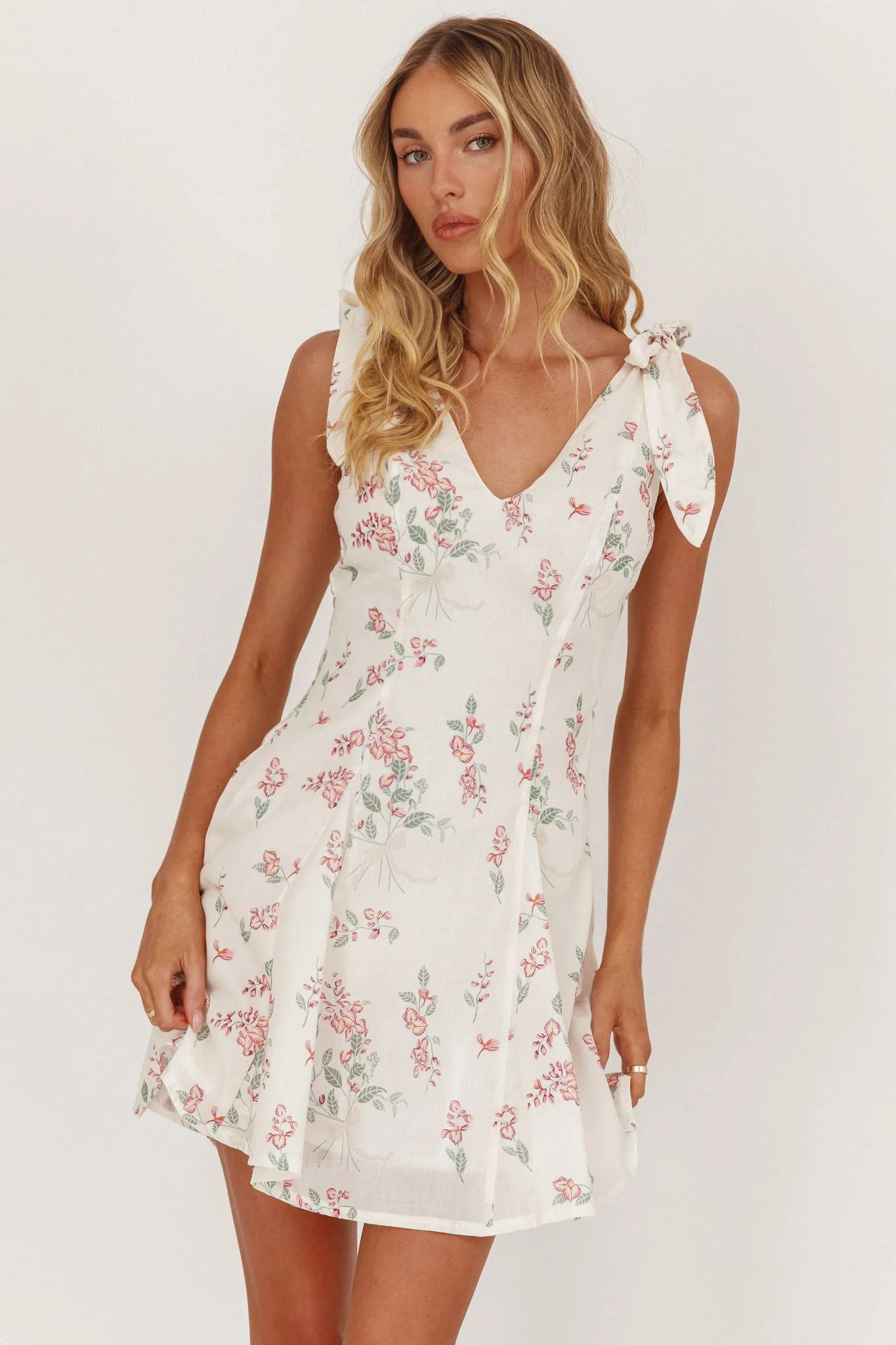 Matina Tied Shoulder Mini Dress Floral - Ruaus