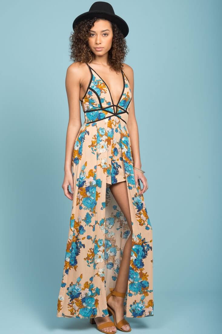 Tiana Floral Maxi Romper Mocha - Ruaus