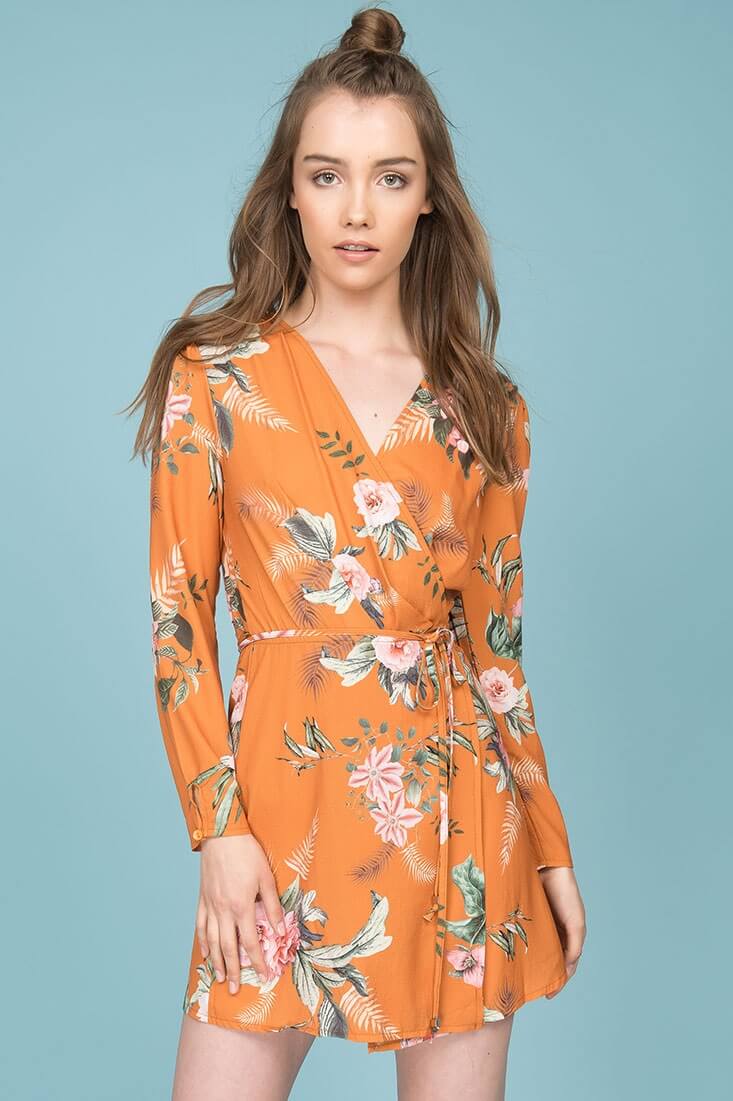 Aryanna Floral Wrap Dress Orange Mustard - Ruaus