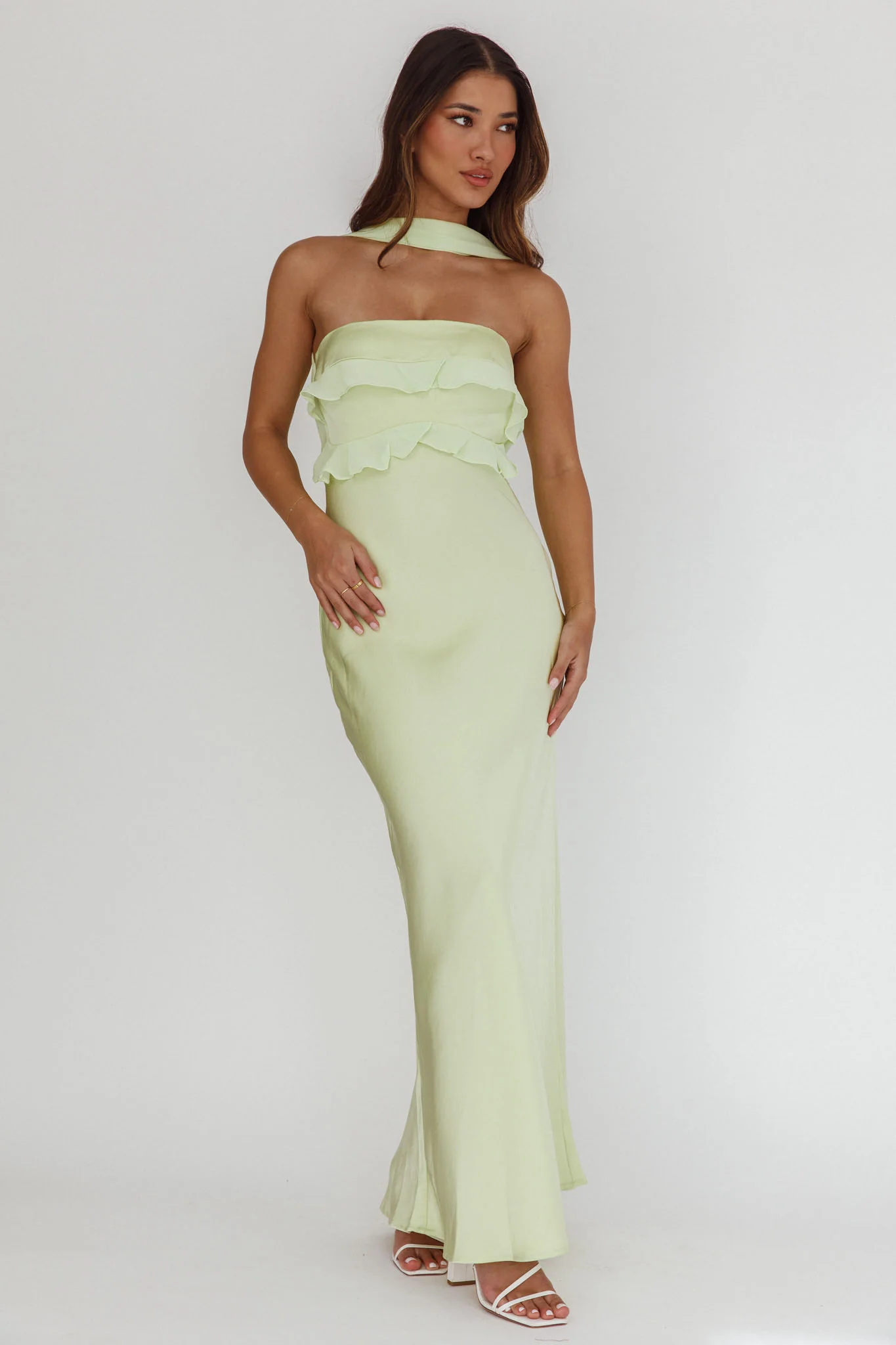 Damsel Reverse Halter Frill Trim Maxi Dress Sage - Ruaus