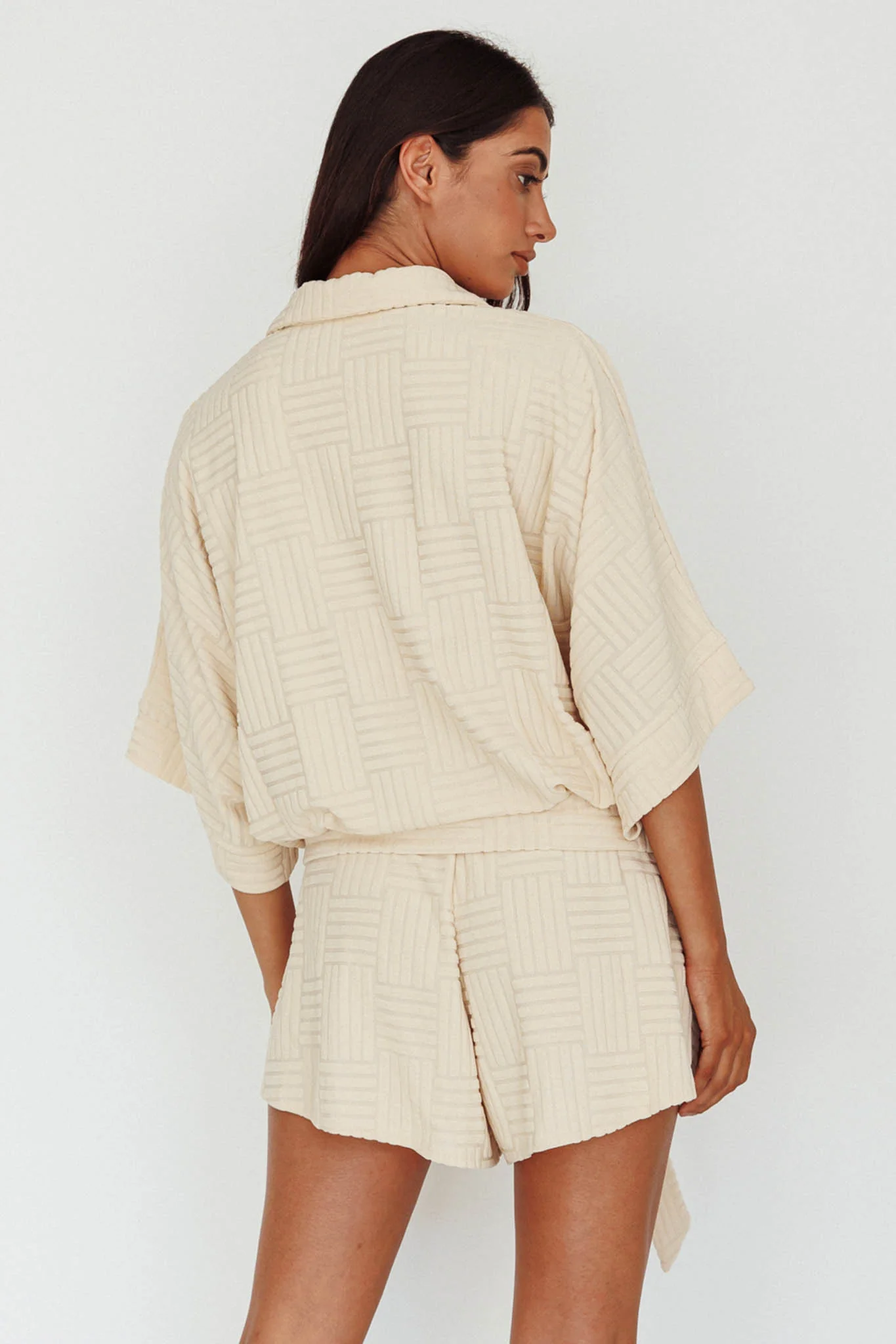 Daytona Beach Button-Up Romper Textured Beige - Ruaus