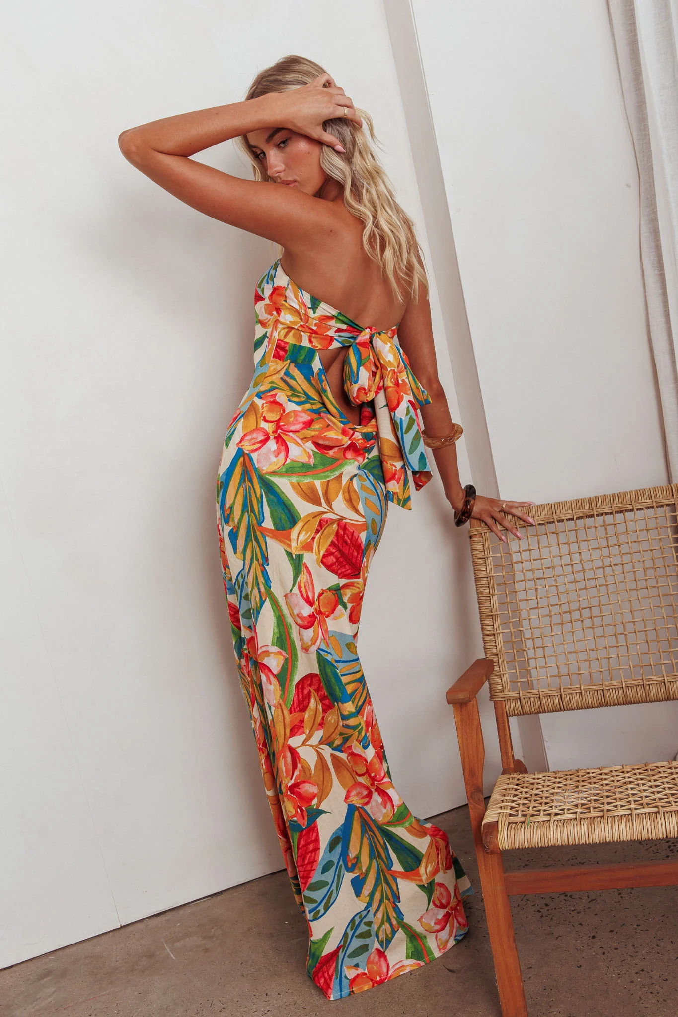 Bird Of Paradise Tied Cowl Back Maxi Dress Botanical - Ruaus