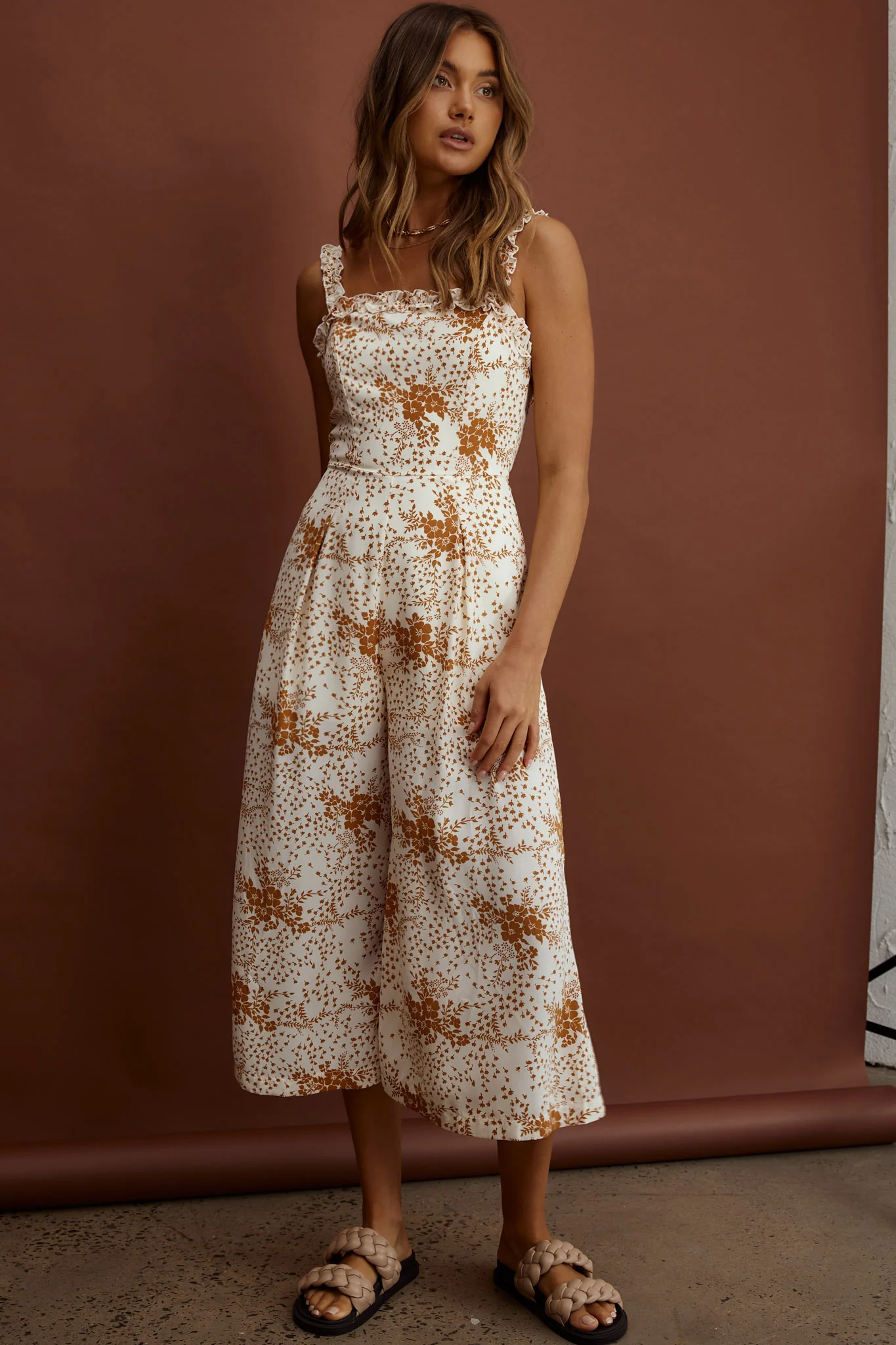Magdalene Frill Strap Midi Jumpsuit Vintage Floral Tan - Ruaus
