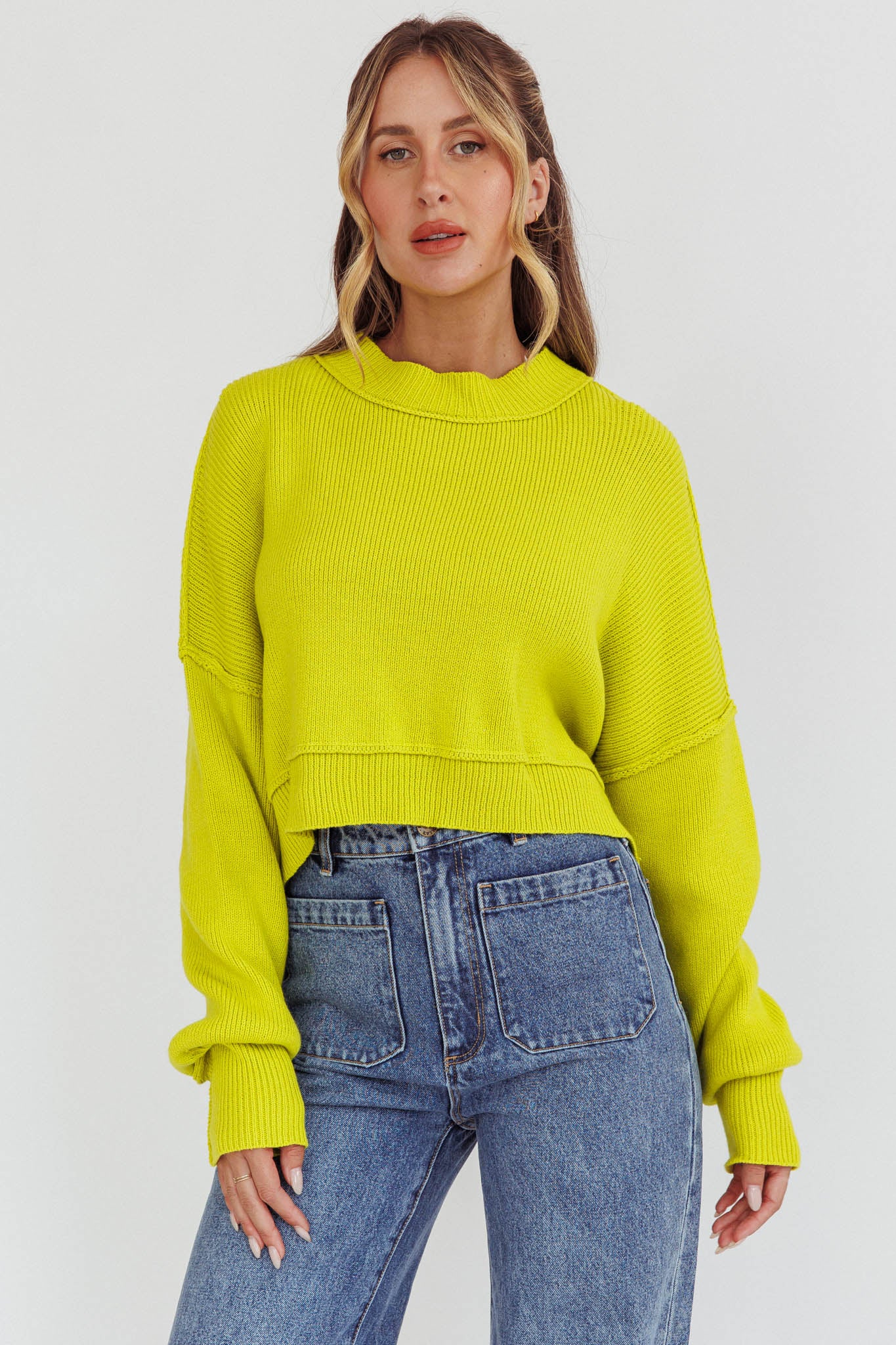 Morning Frost Crop Ribbed Knit Sweater Green - Ruaus