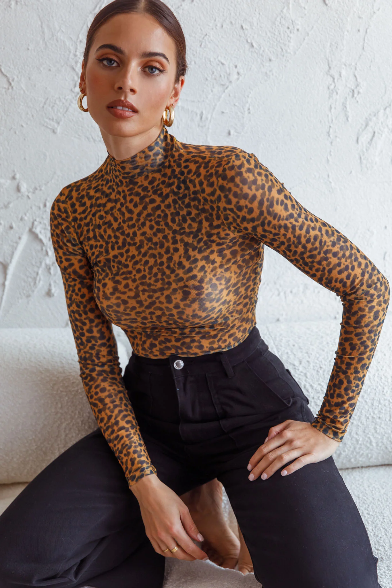 Feelin' It Long Sleeve Turtleneck Sheer Bodysuit Orange Leopard Print - Ruaus