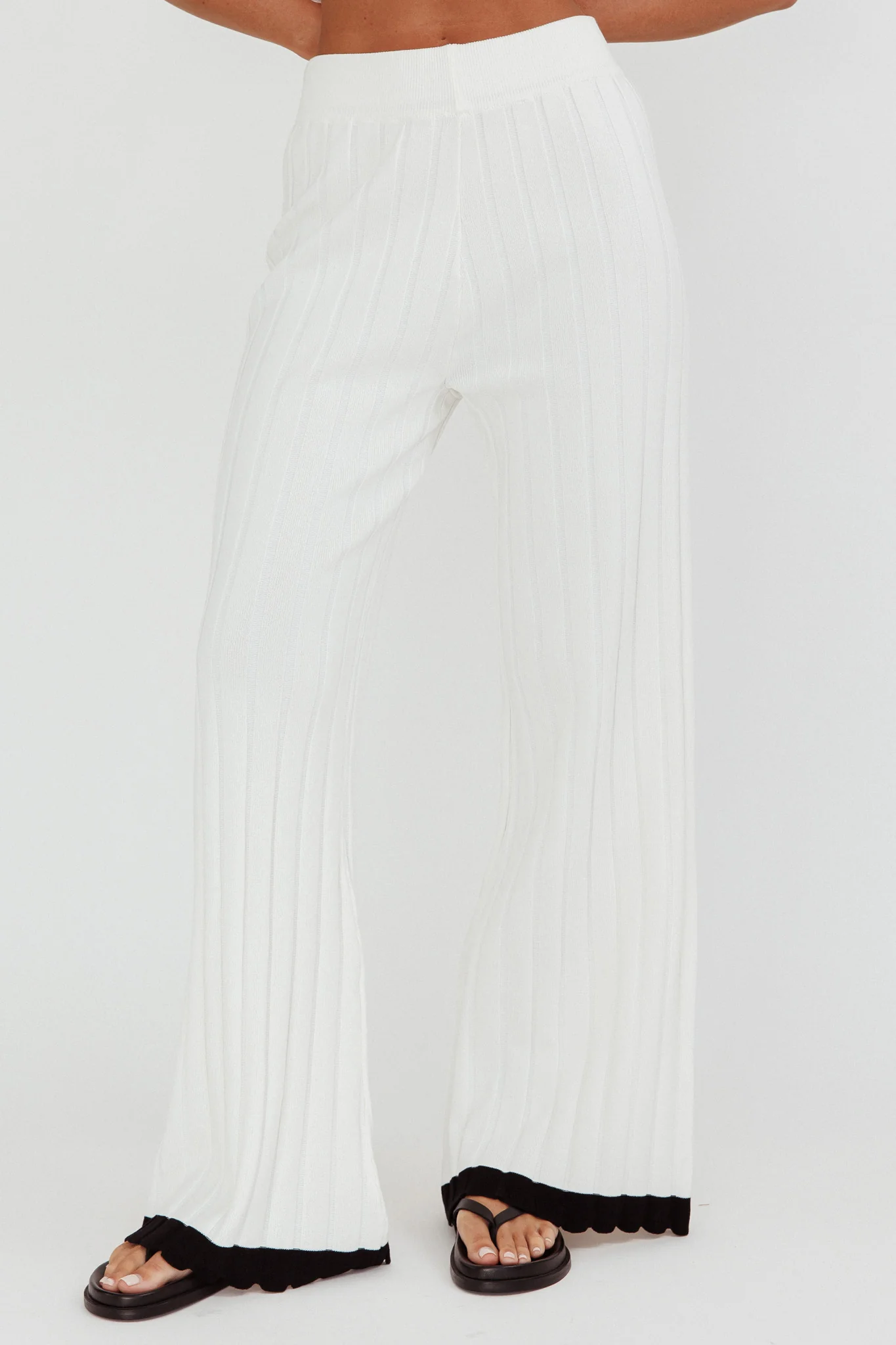 Liloh Contrast Trim Ribbed Knit Pants White - Ruaus