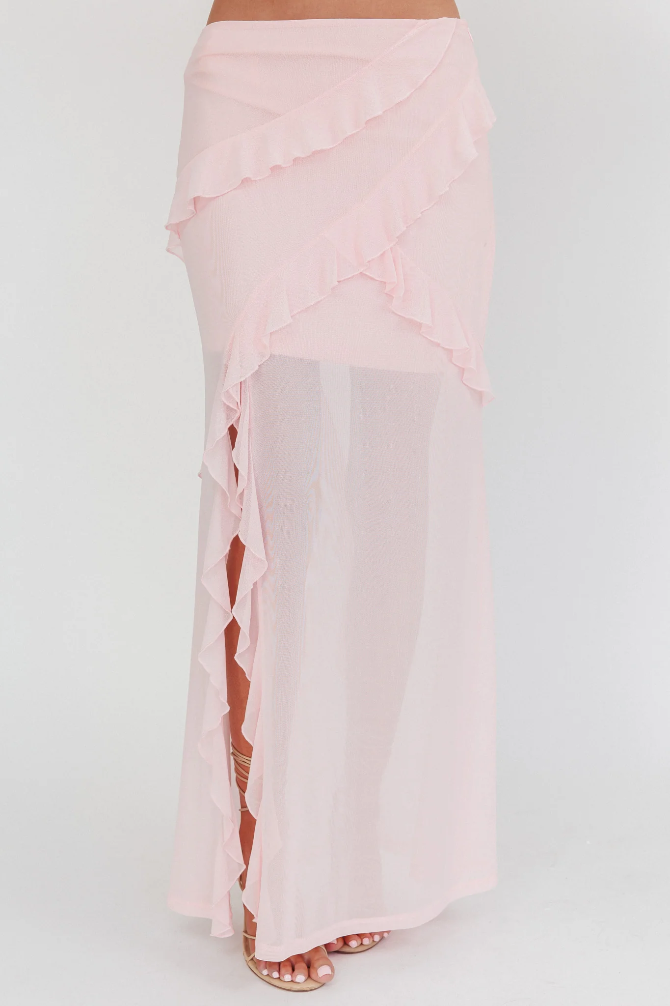 Frosted Sugar Ruffle Trim Split Midi Skirt Pink - Ruaus