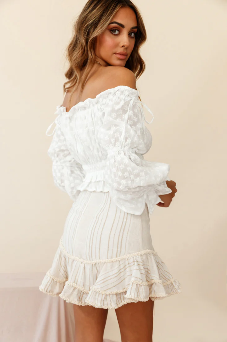 Eve Ruffle Hem Linen Blend Skirt White/Mocha Stripe - Ruaus