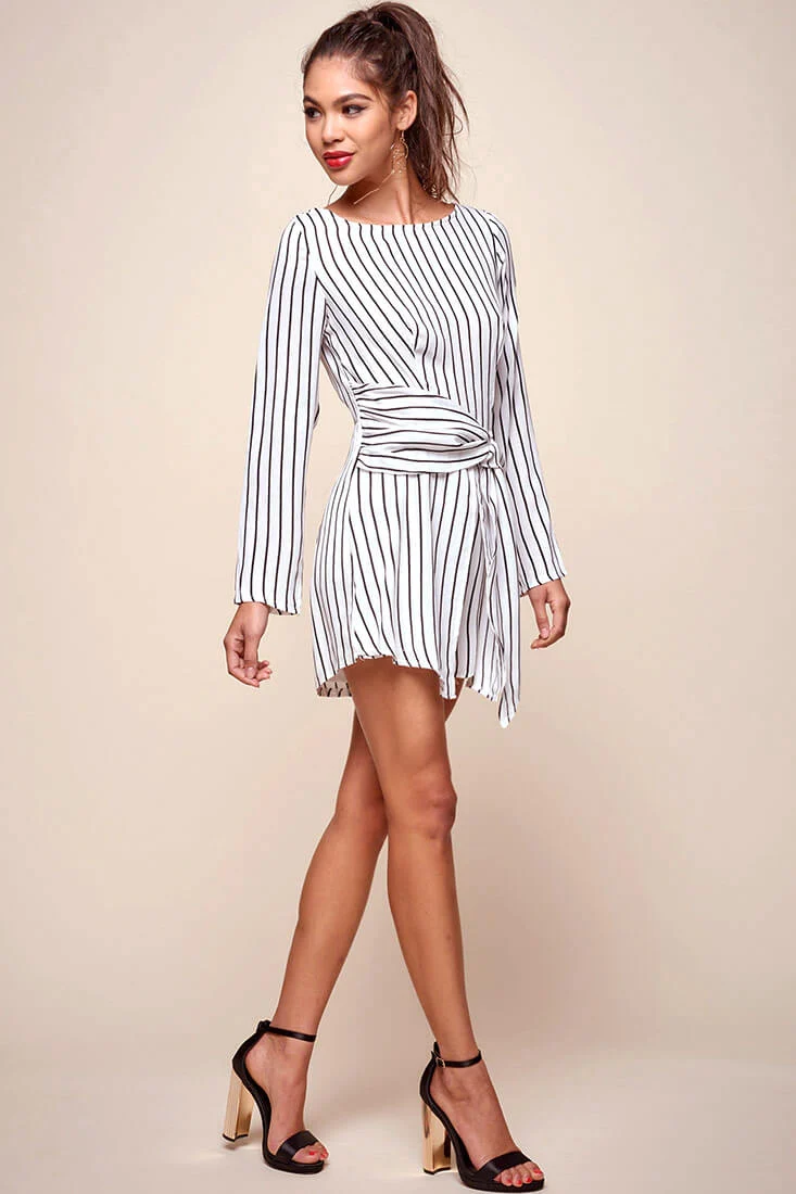 Abbey Waist Tie Pinstripe Romper White & Black - Ruaus