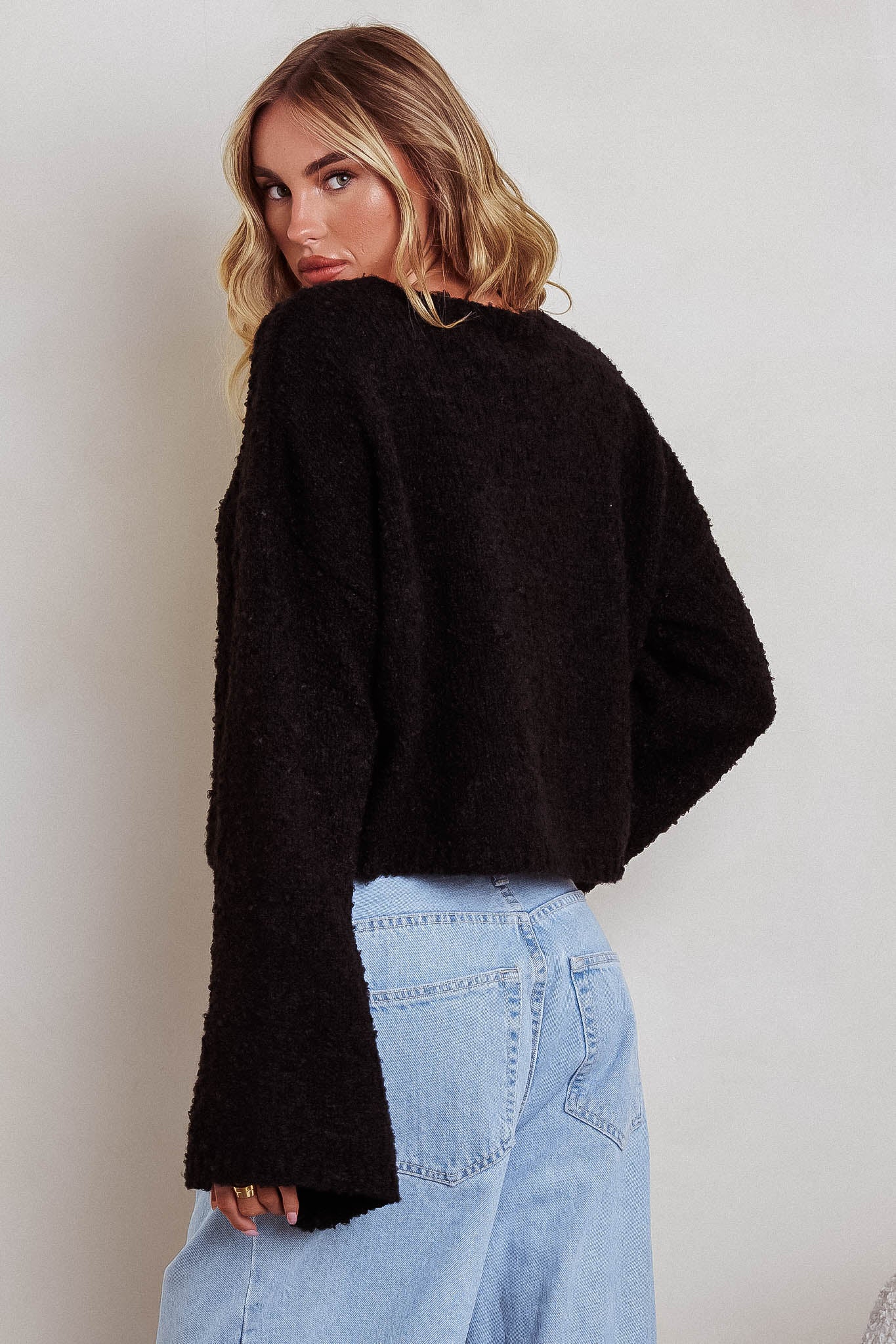 Strasbourg Flared Cuff Drop Shoulder Sweater Black - Ruaus