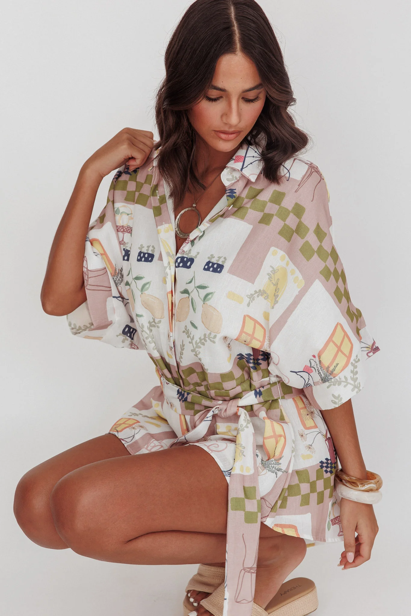 Daytona Beach Button-Up Romper Euro Print Olive - Ruaus