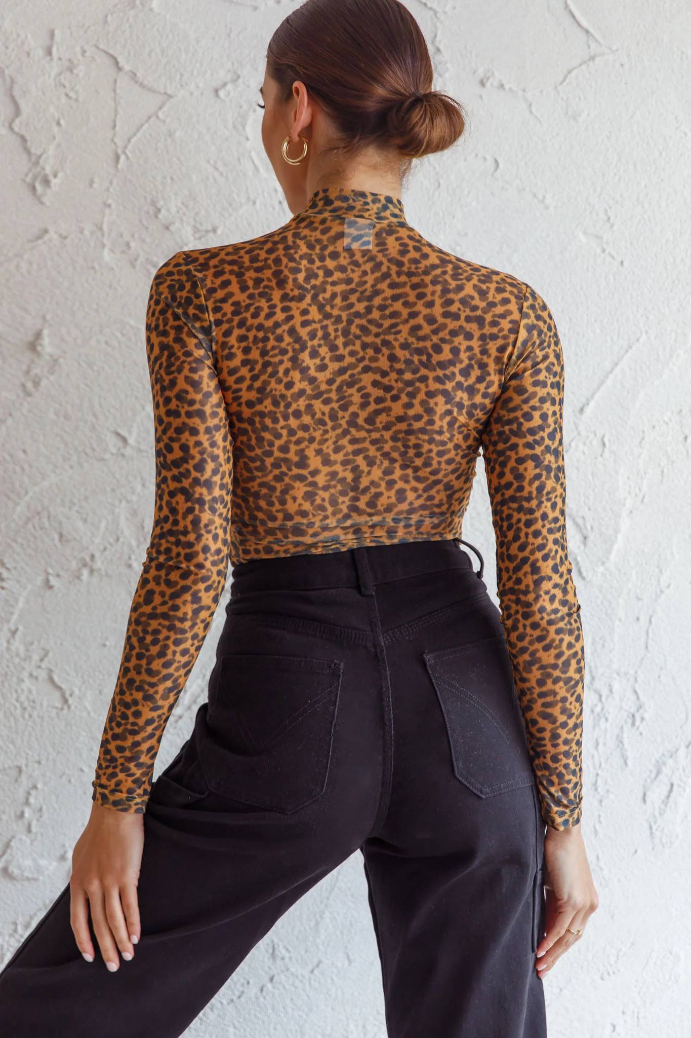 Feelin' It Long Sleeve Turtleneck Sheer Bodysuit Orange Leopard Print - Ruaus