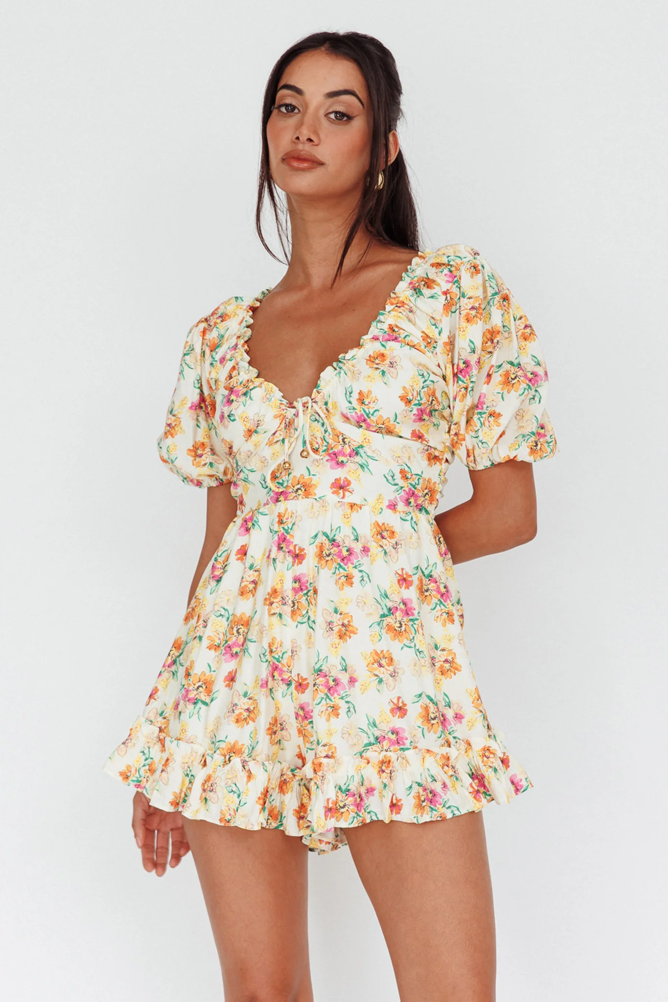 Costa Rica Puff Sleeve Romper Floral Beige - Ruaus