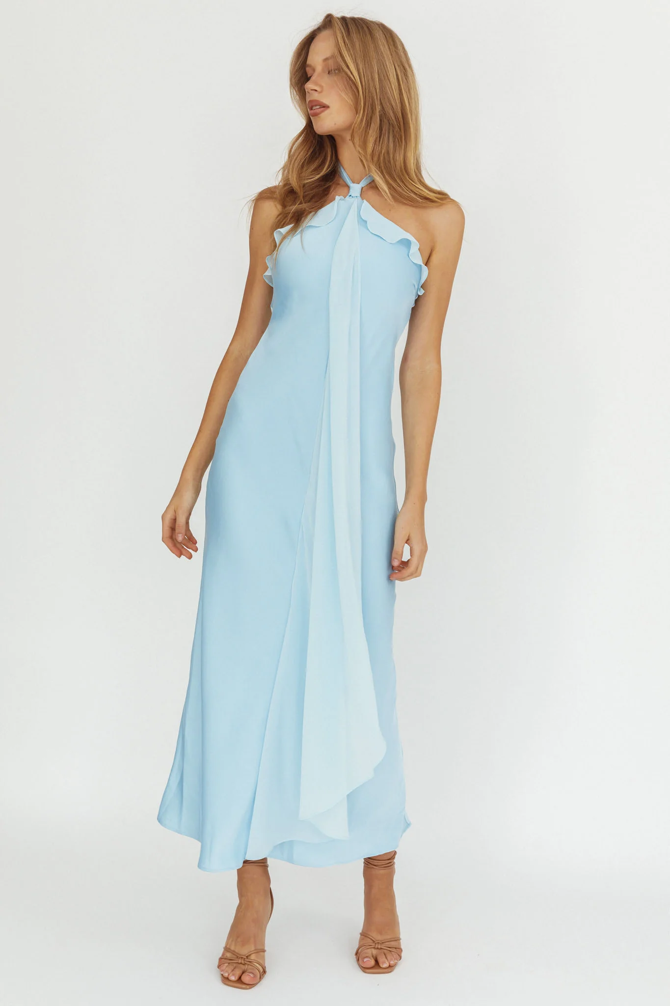 Starlet Halterneck Sash Maxi Dress Baby Blue - Ruaus