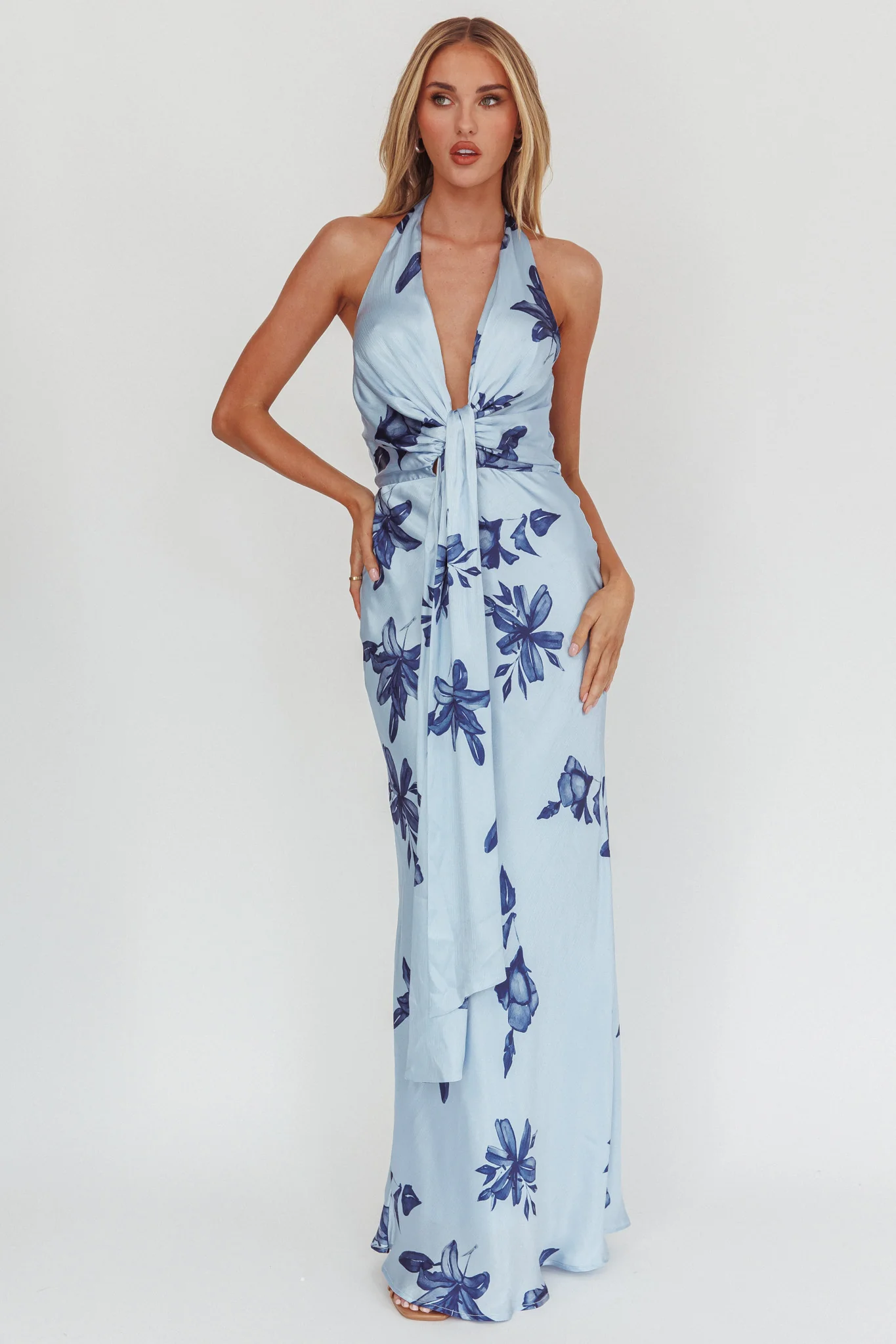 Make Believe Plunging Halterneck Maxi Dress Floral Navy - Ruaus