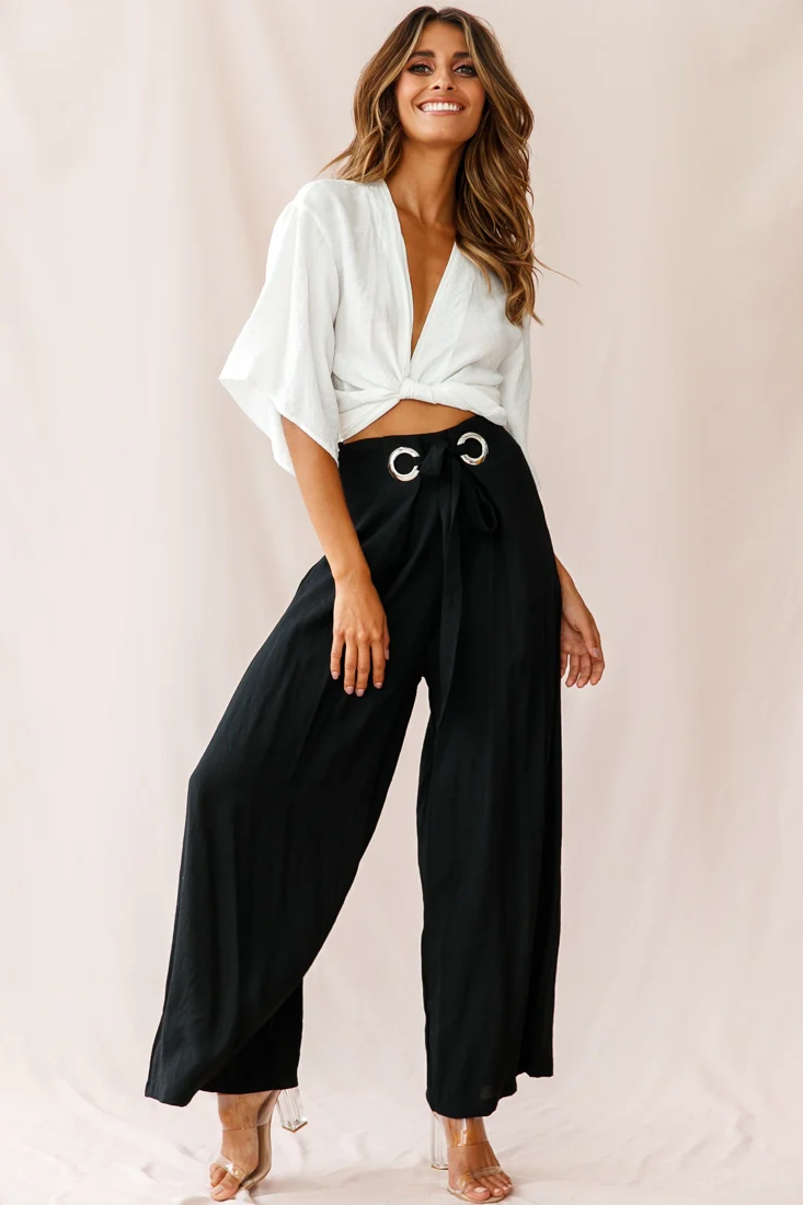 Saigon Wide Leg Eyelet Pants Black - Ruaus